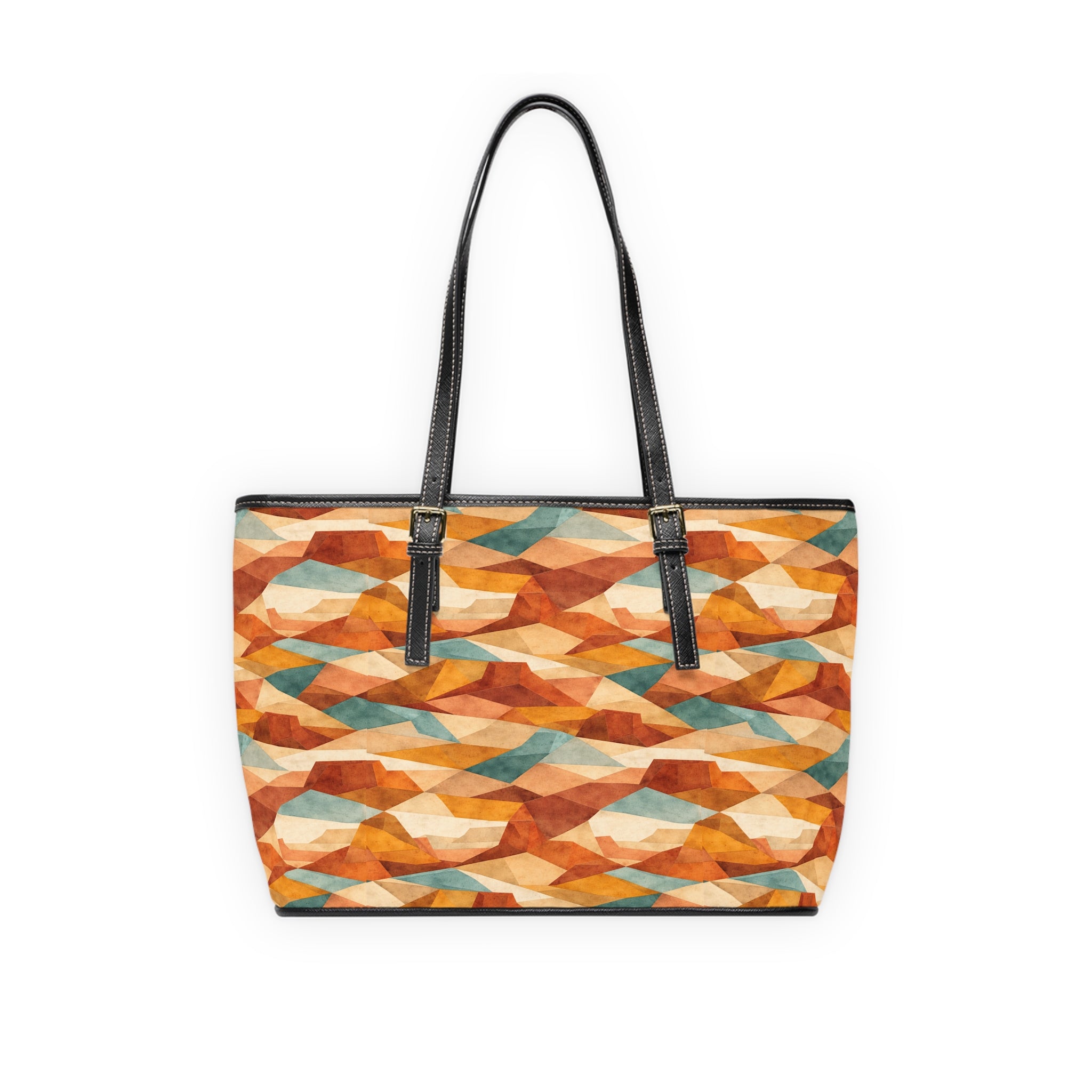 Geometric Autumn Tote Bag — PU Leather Shoulder Bag with Warm Abstract Pattern