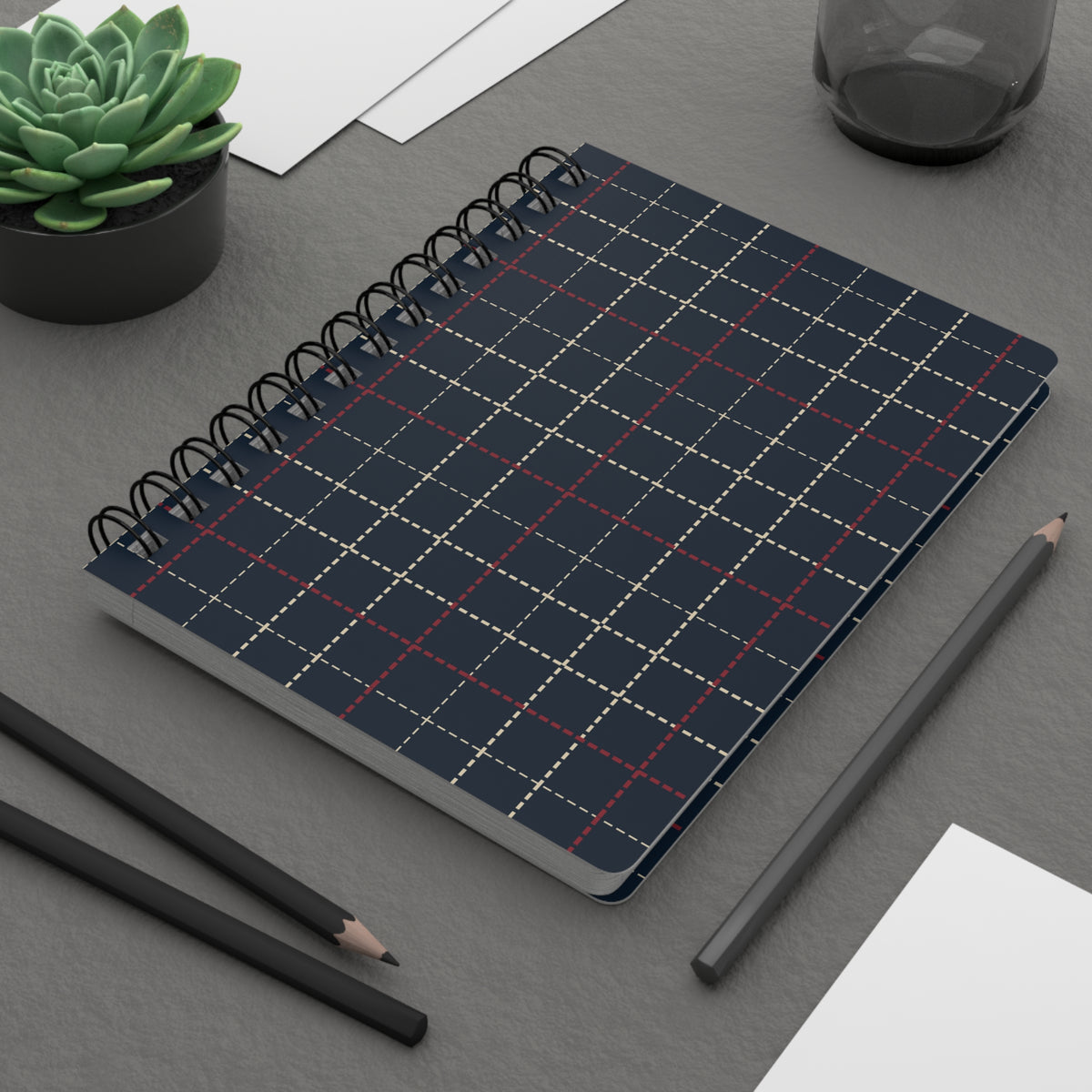 Navy Plaid Pattern Spiral Bound Travel Journal