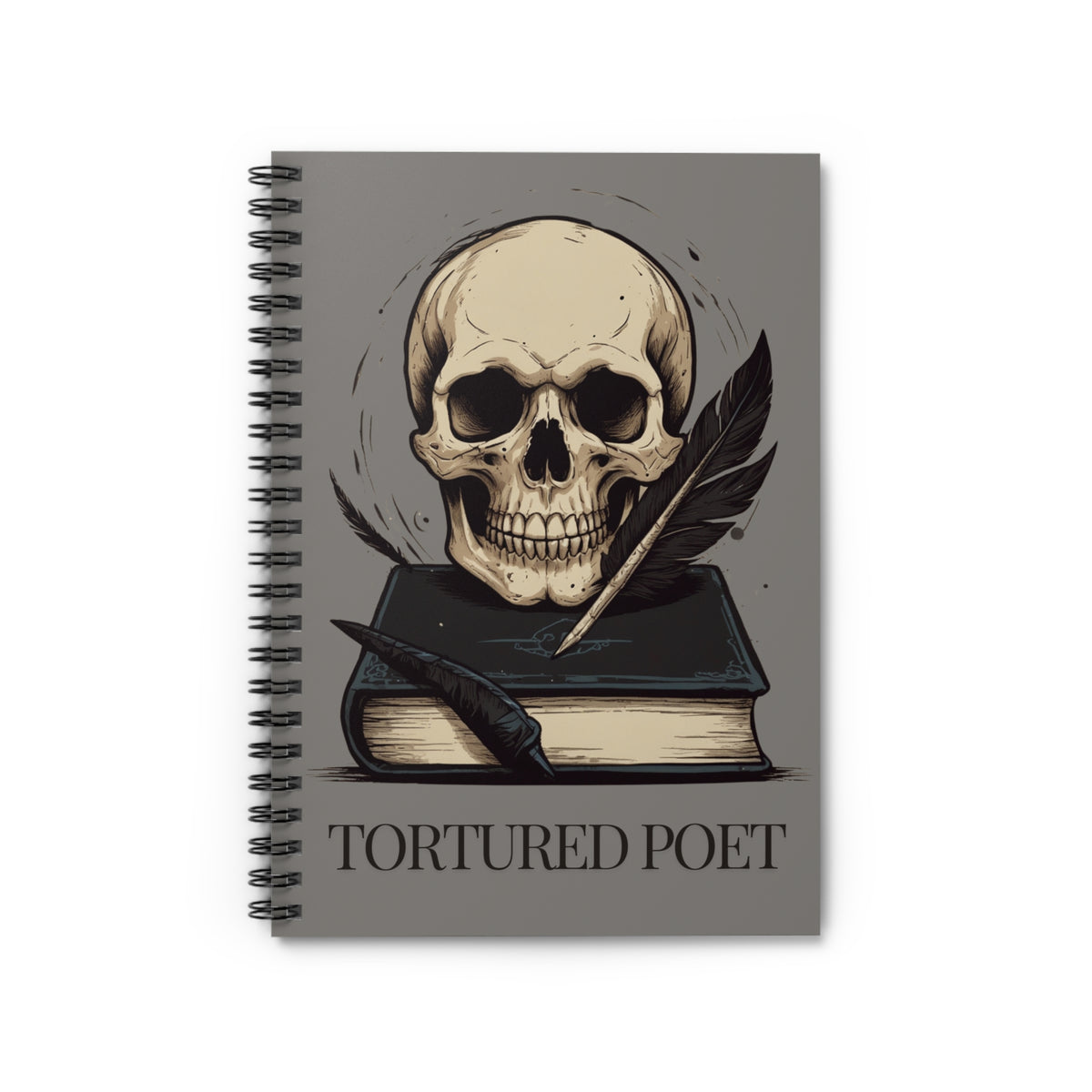 Grey Skull Spiral Notebook, Dark Academia Lined Poetry Journal, Gothic Book Lover Gift