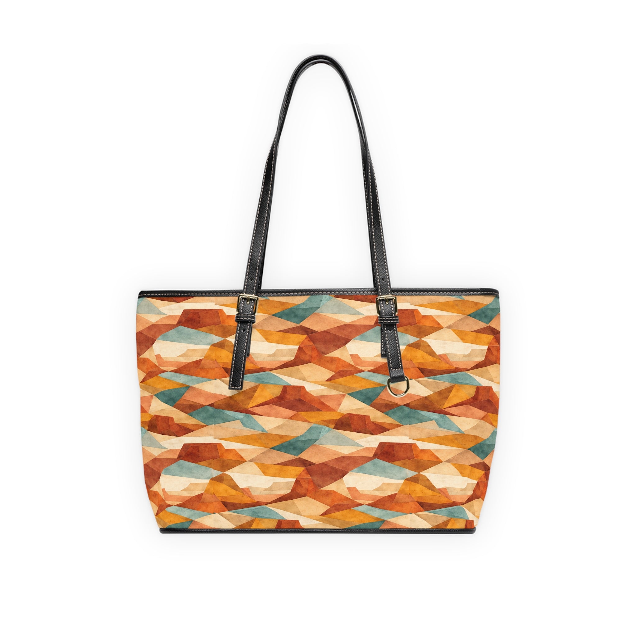 Geometric Autumn Tote Bag — PU Leather Shoulder Bag with Warm Abstract Pattern
