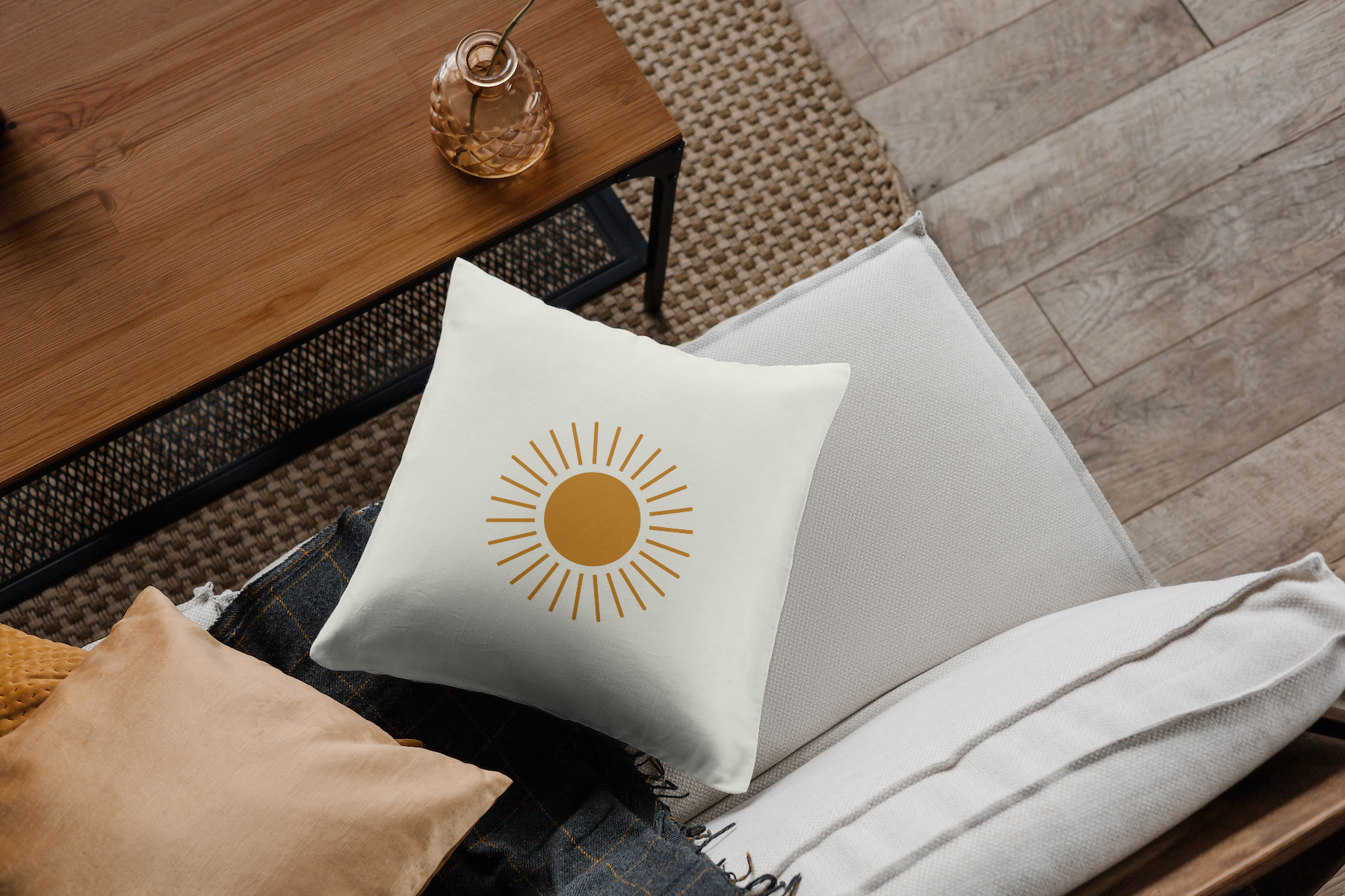 Boho Sun & Moon Celestial Throw Pillow, Gold and Cream