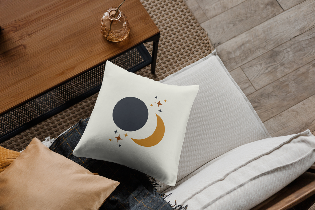 Boho Sun & Moon Celestial Throw Pillow, Gold and Cream