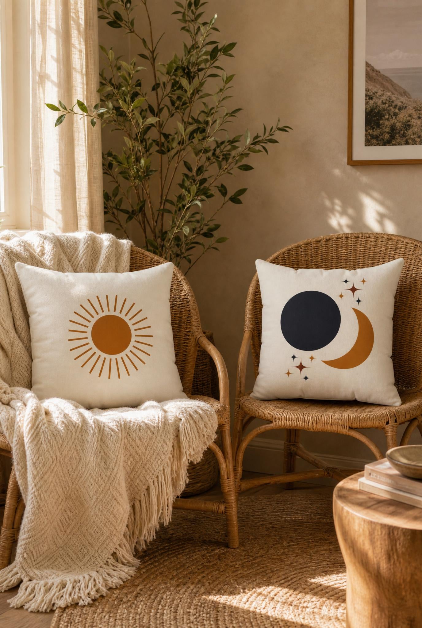 Boho Sun & Moon Celestial Throw Pillow, Gold and Cream