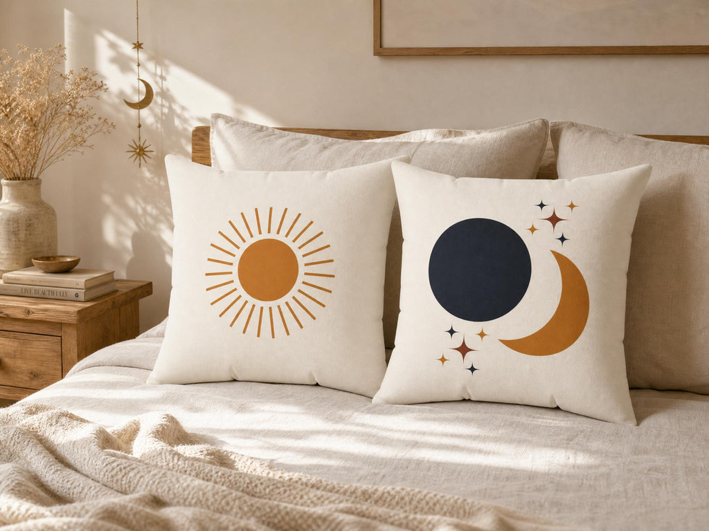 Boho Sun & Moon Celestial Throw Pillow, Gold and Cream
