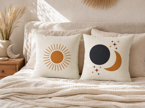 Boho Sun & Moon Celestial Throw Pillow, Gold and Cream