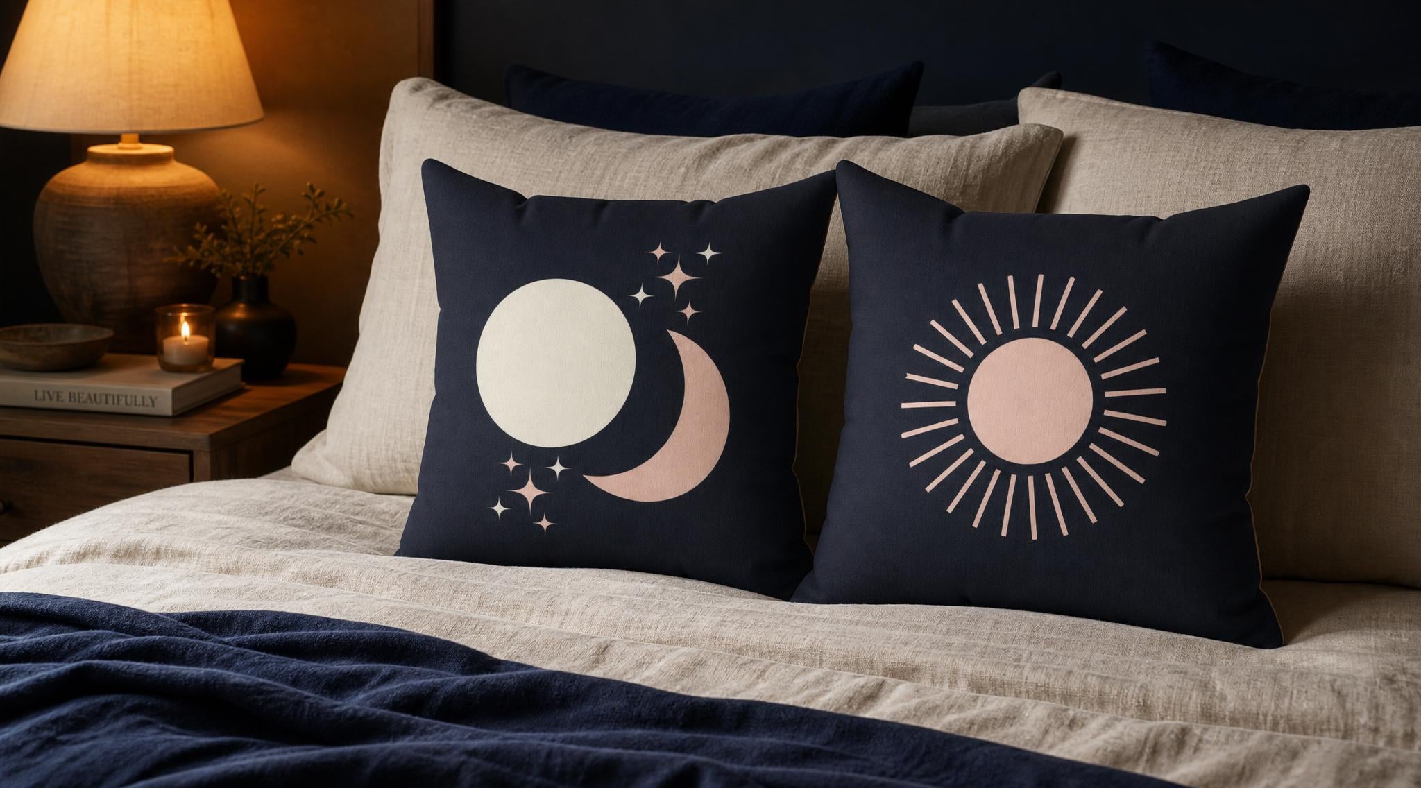 Celestial Boho Sun and Moon Throw Pillow, Dark Grey