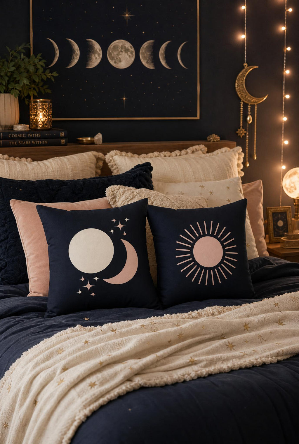 Celestial Boho Sun and Moon Throw Pillow, Dark Grey