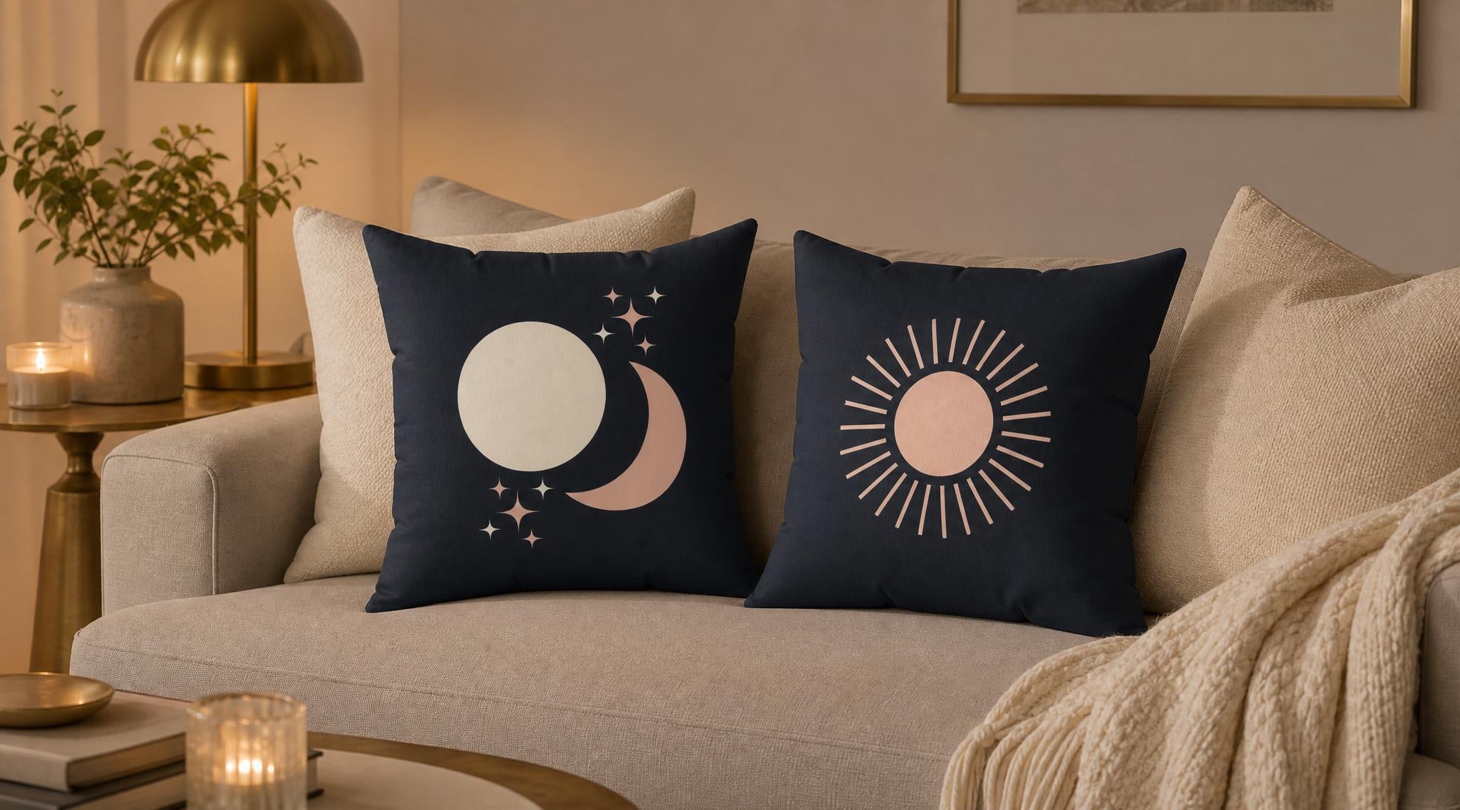 Celestial Boho Sun and Moon Throw Pillow, Dark Grey