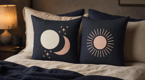 Celestial Boho Sun and Moon Throw Pillow, Dark Grey