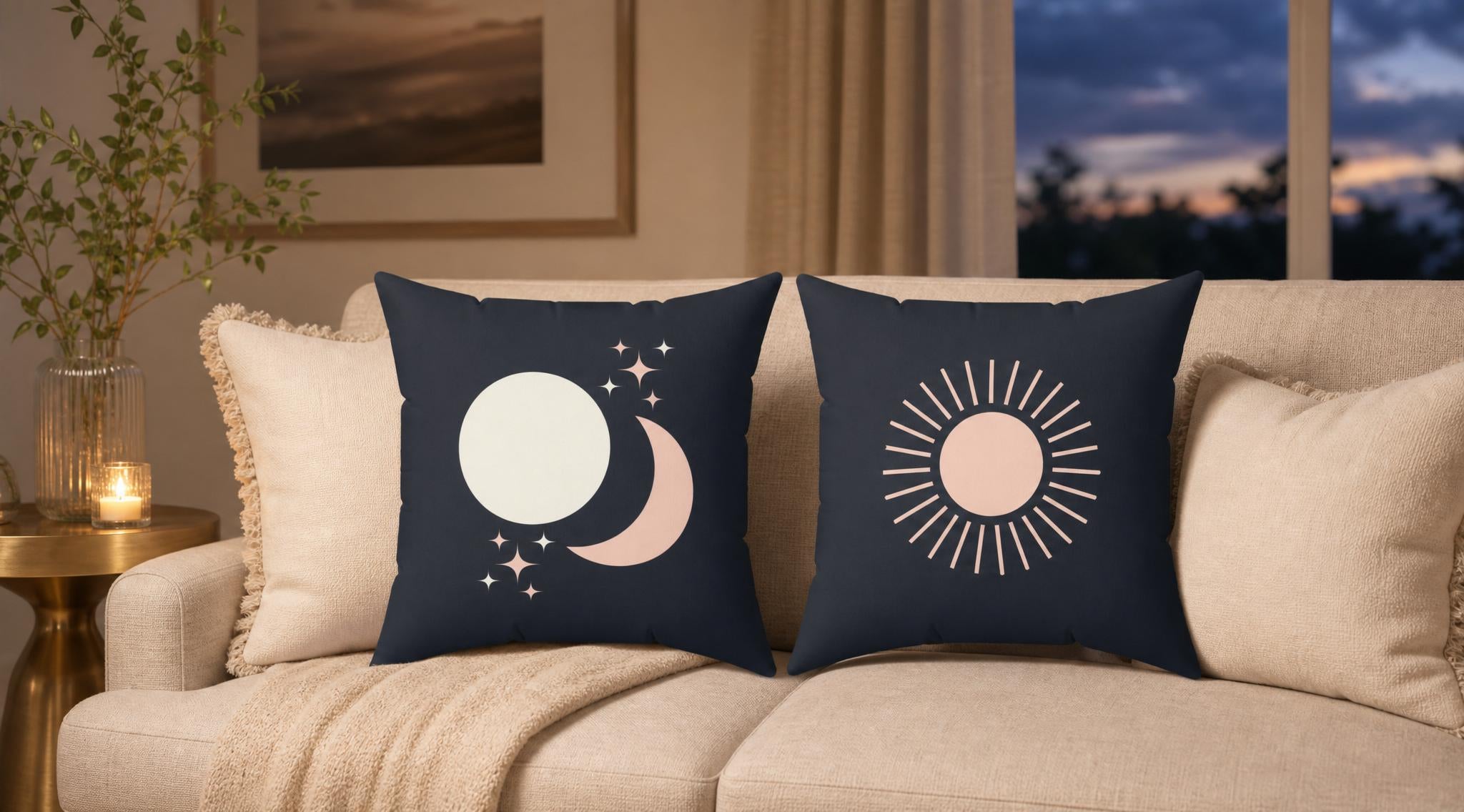 Celestial Boho Sun and Moon Throw Pillow, Dark Grey