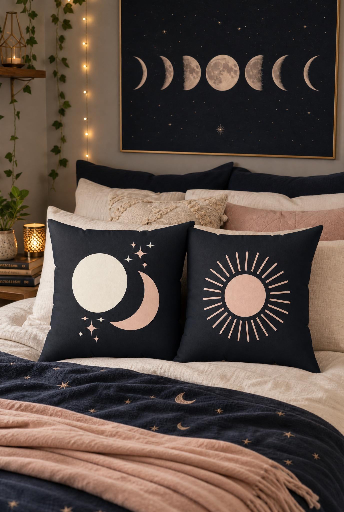Celestial Boho Sun and Moon Throw Pillow, Dark Grey