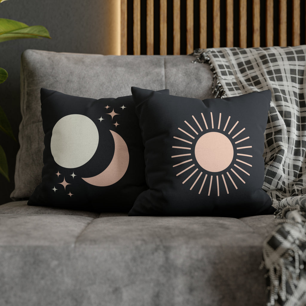 Celestial Boho Sun and Moon Throw Pillow, Dark Grey