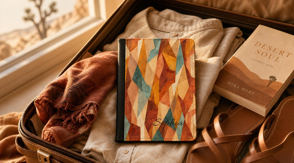 Geometric Desert Sunset Passport Cover: Personalized Travel Wallet
