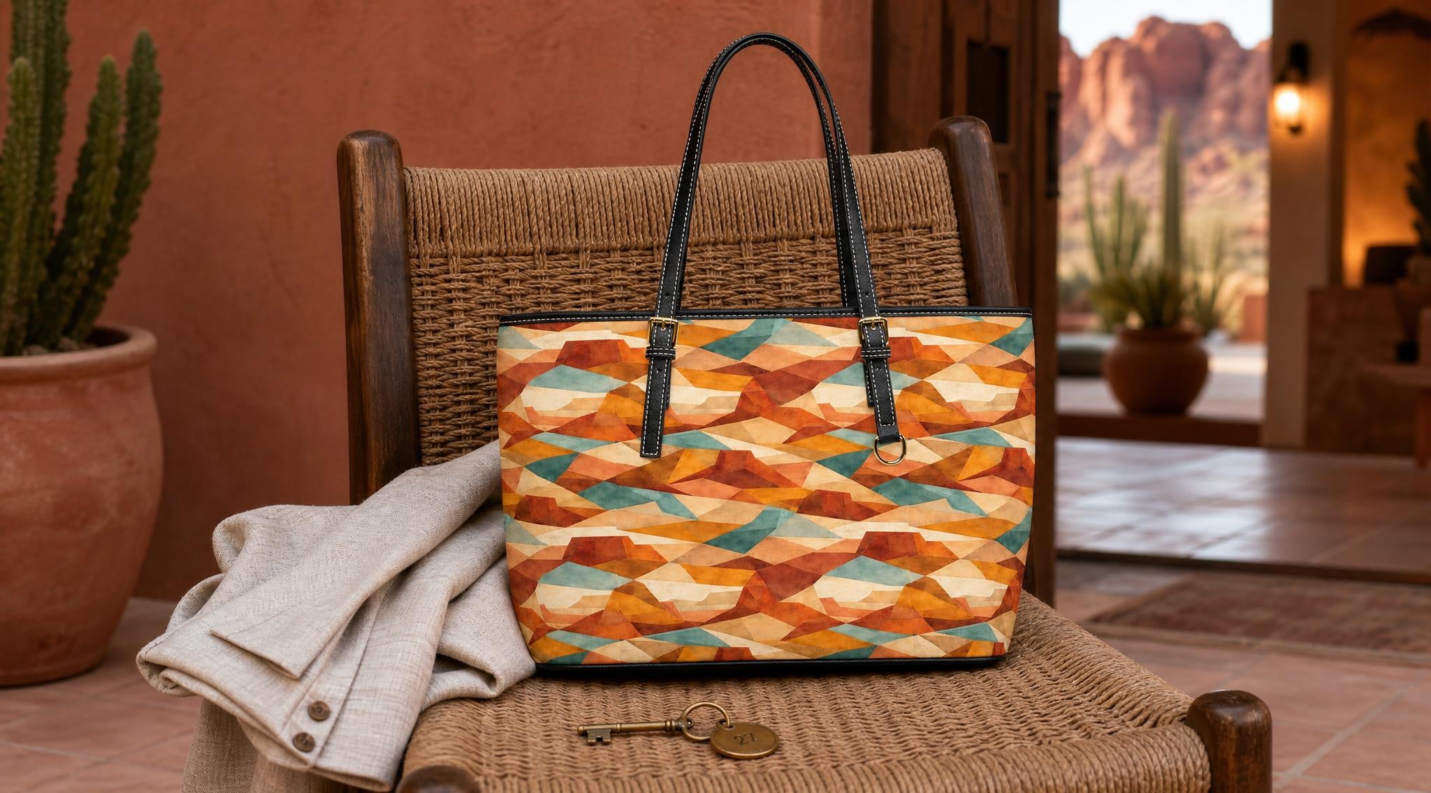 Geometric Autumn Tote Bag — PU Leather Shoulder Bag with Warm Abstract Pattern