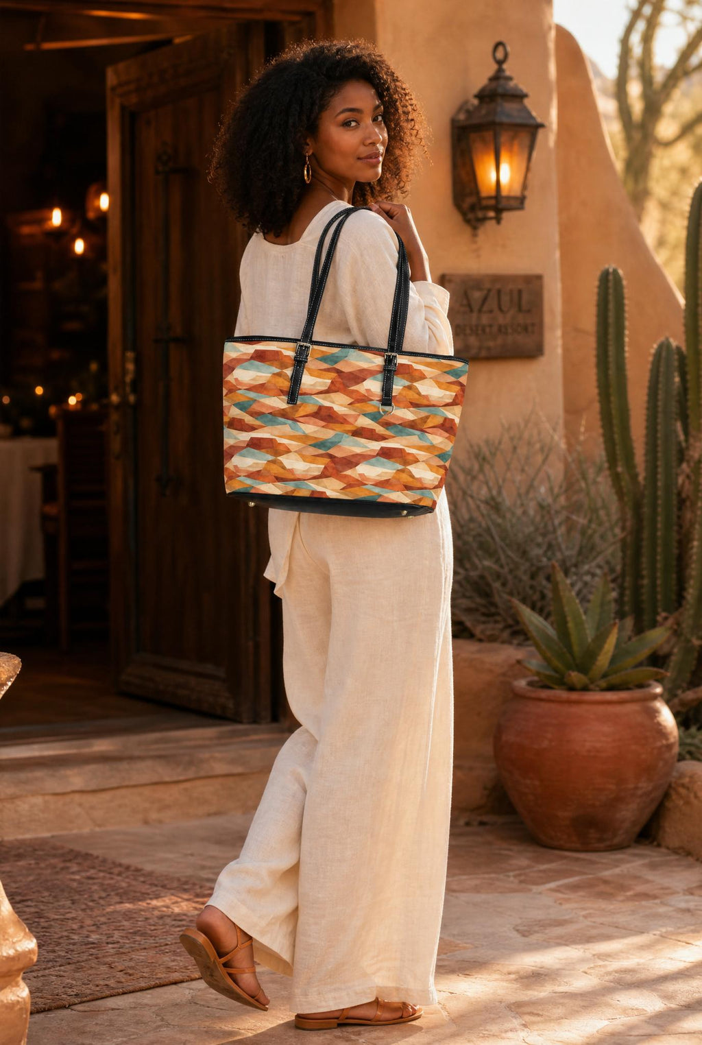 Geometric Autumn Tote Bag — PU Leather Shoulder Bag with Warm Abstract Pattern