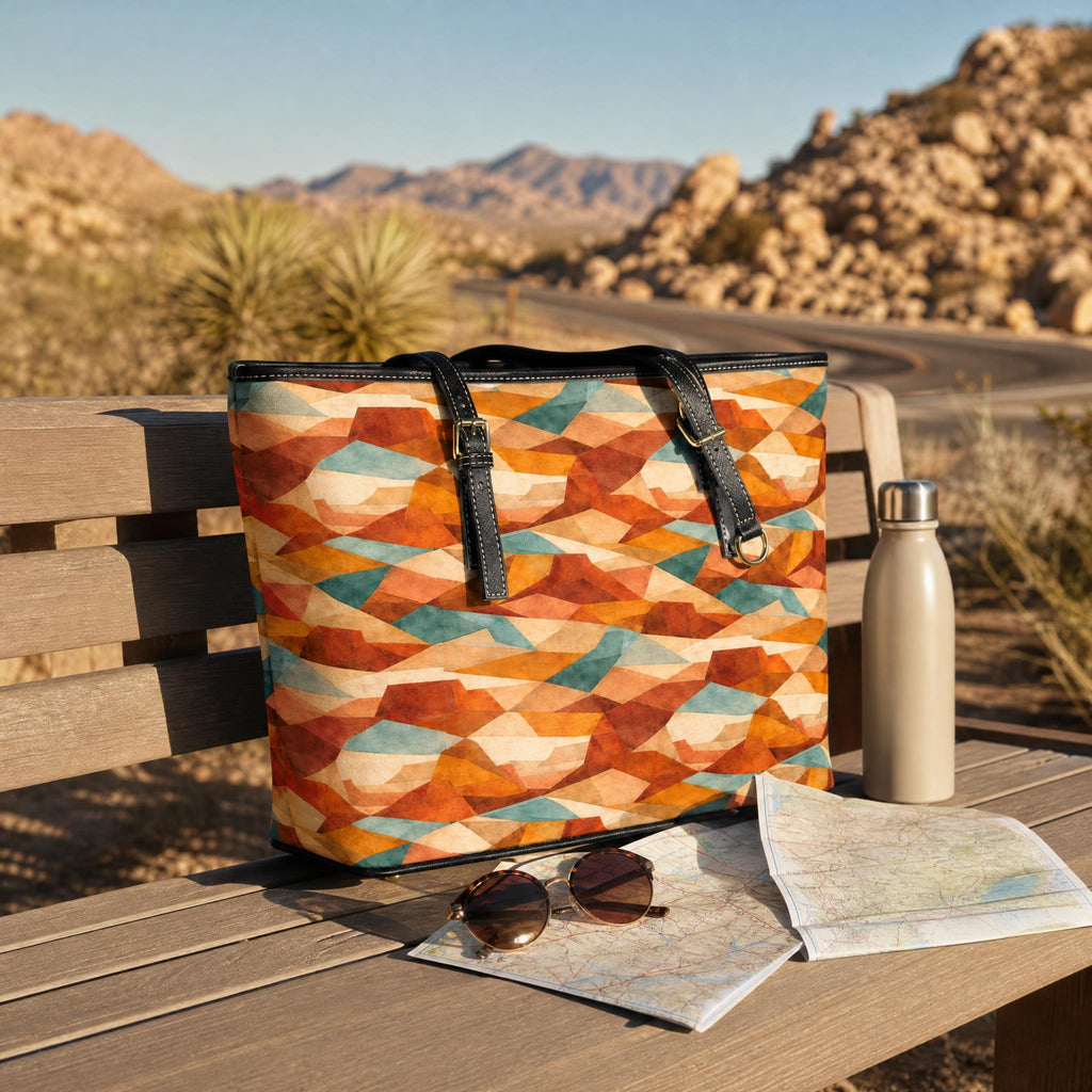 Geometric Autumn Tote Bag — PU Leather Shoulder Bag with Warm Abstract Pattern