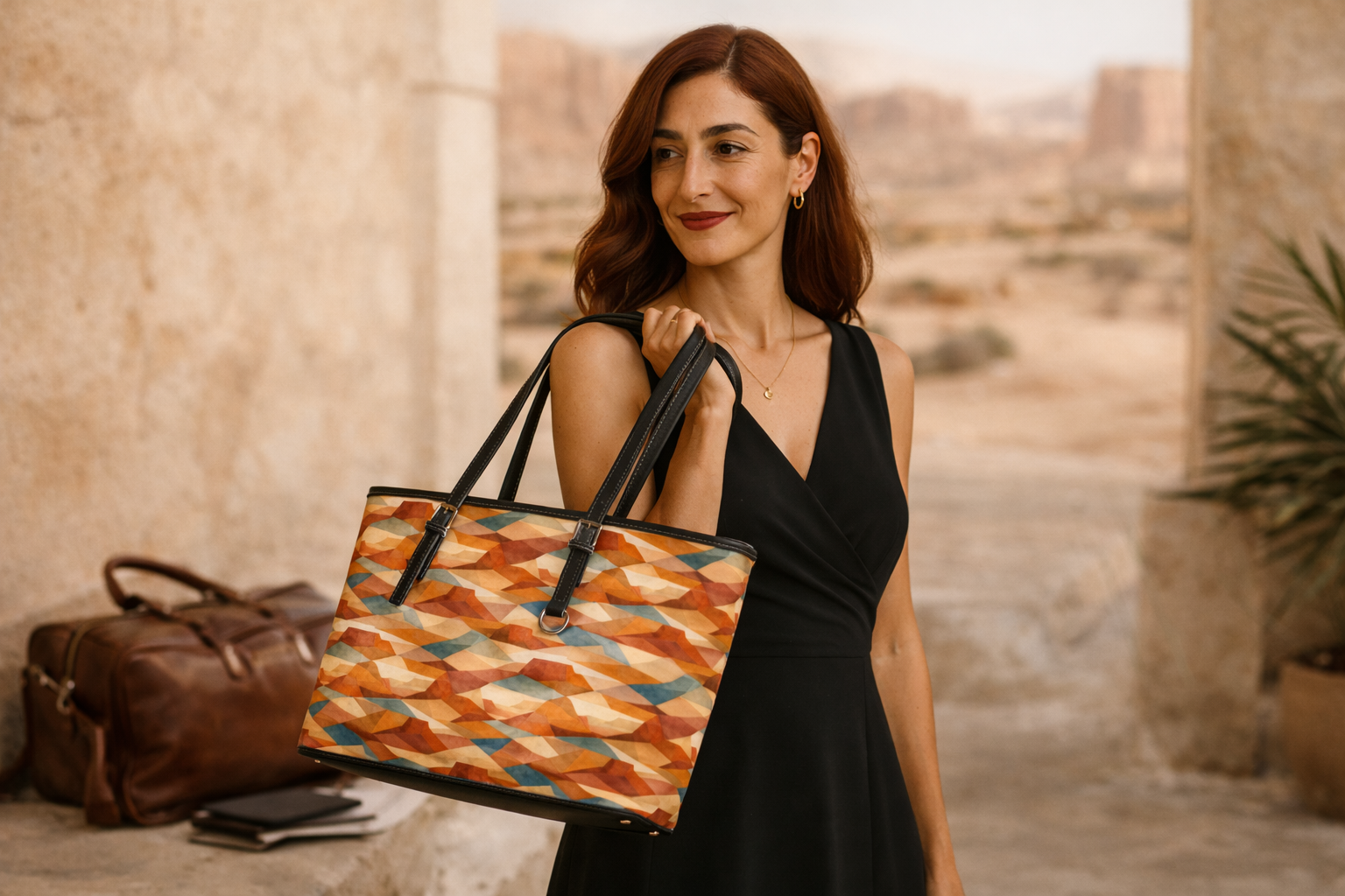 Geometric Autumn Tote Bag — PU Leather Shoulder Bag with Warm Abstract Pattern