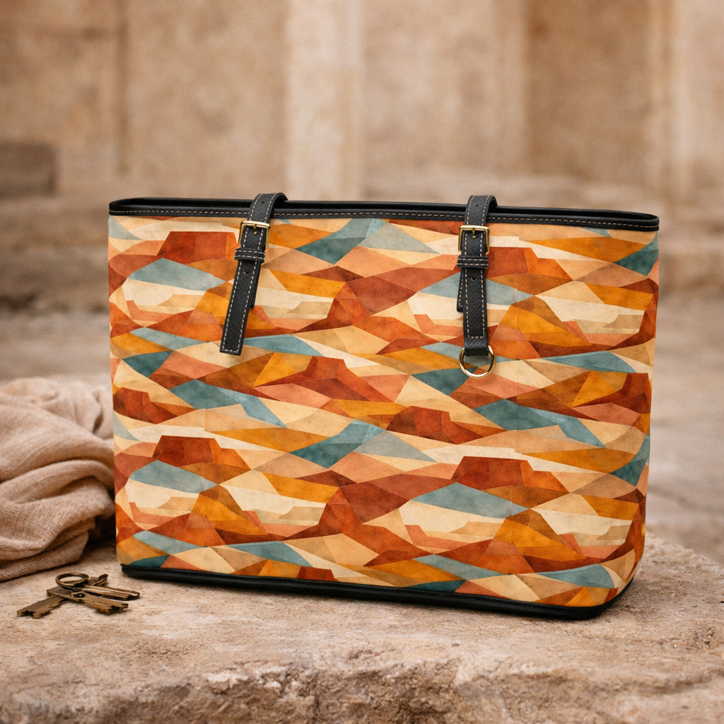 Geometric Autumn Tote Bag — PU Leather Shoulder Bag with Warm Abstract Pattern