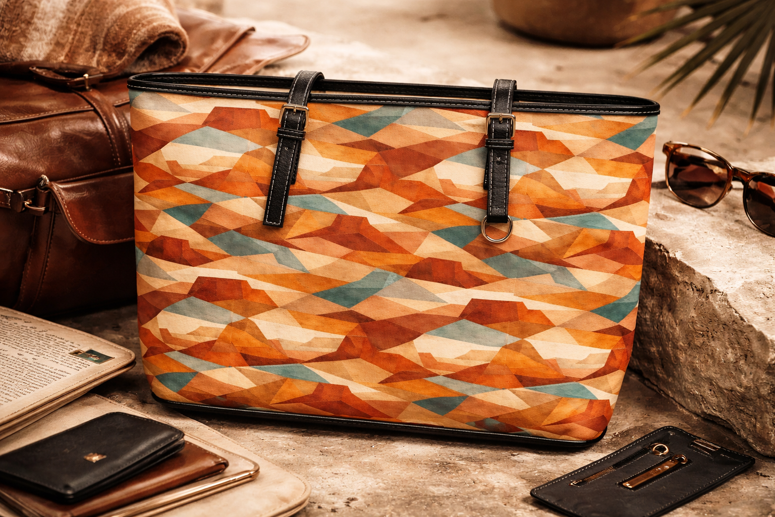 Geometric Autumn Tote Bag — PU Leather Shoulder Bag with Warm Abstract Pattern