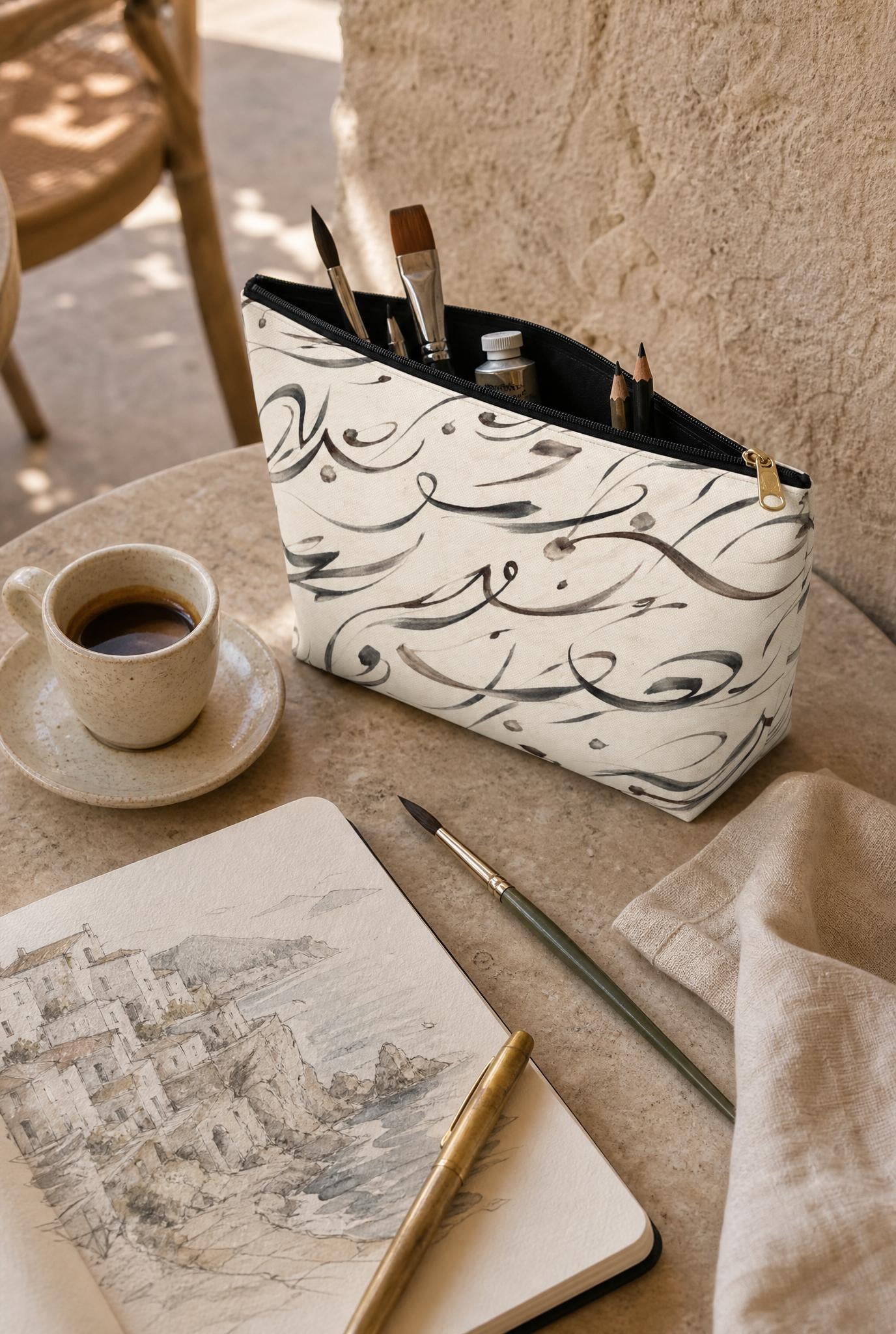 Modern Mediterranean Accessory Pouch | Neutral Cosmetic Travel Bag | Geometric Ink Brush Artist Bag