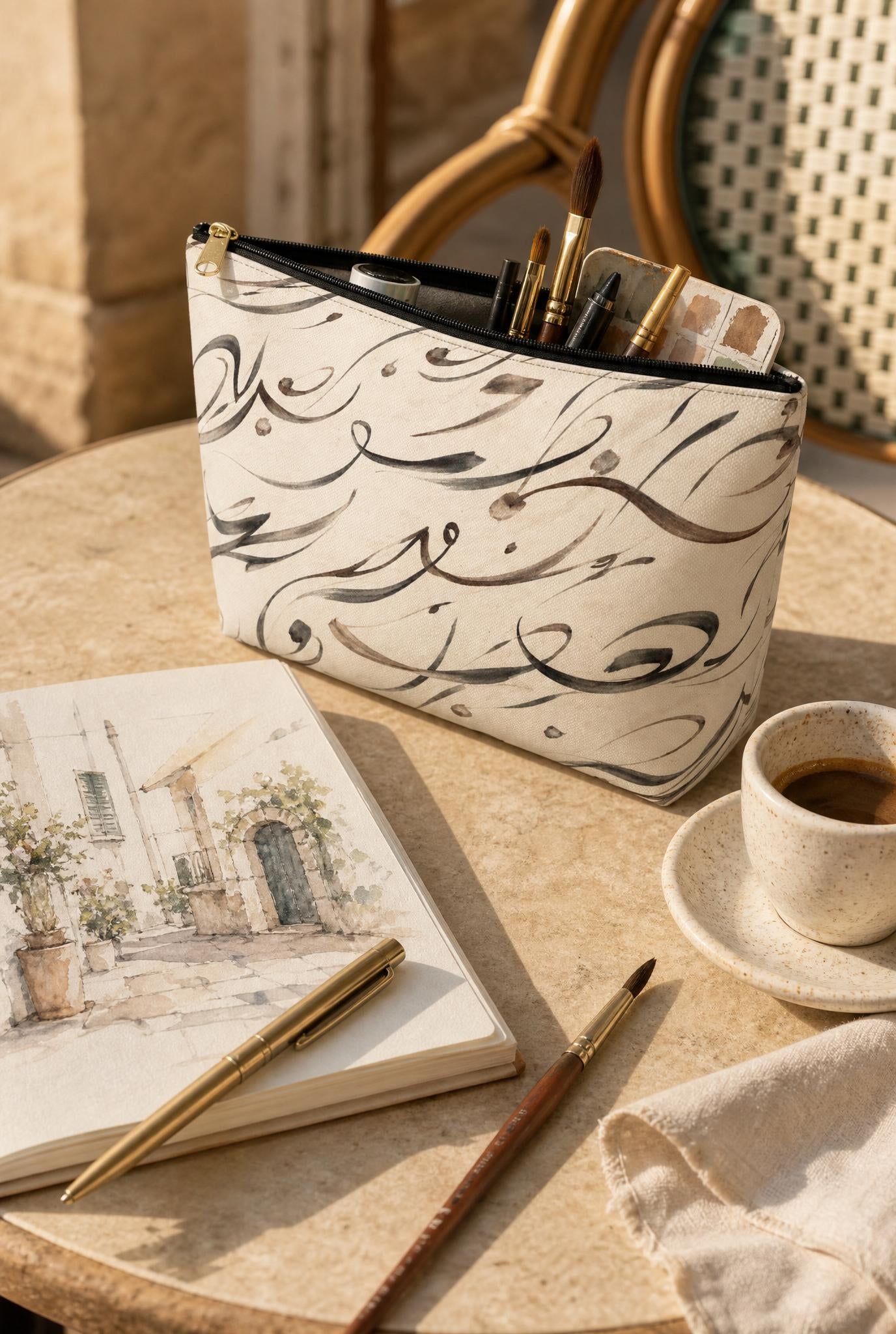 Modern Mediterranean Accessory Pouch | Neutral Cosmetic Travel Bag | Geometric Ink Brush Artist Bag