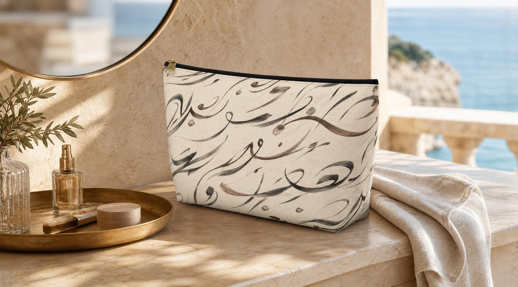 Modern Mediterranean Accessory Pouch | Neutral Cosmetic Travel Bag | Geometric Ink Brush Artist Bag