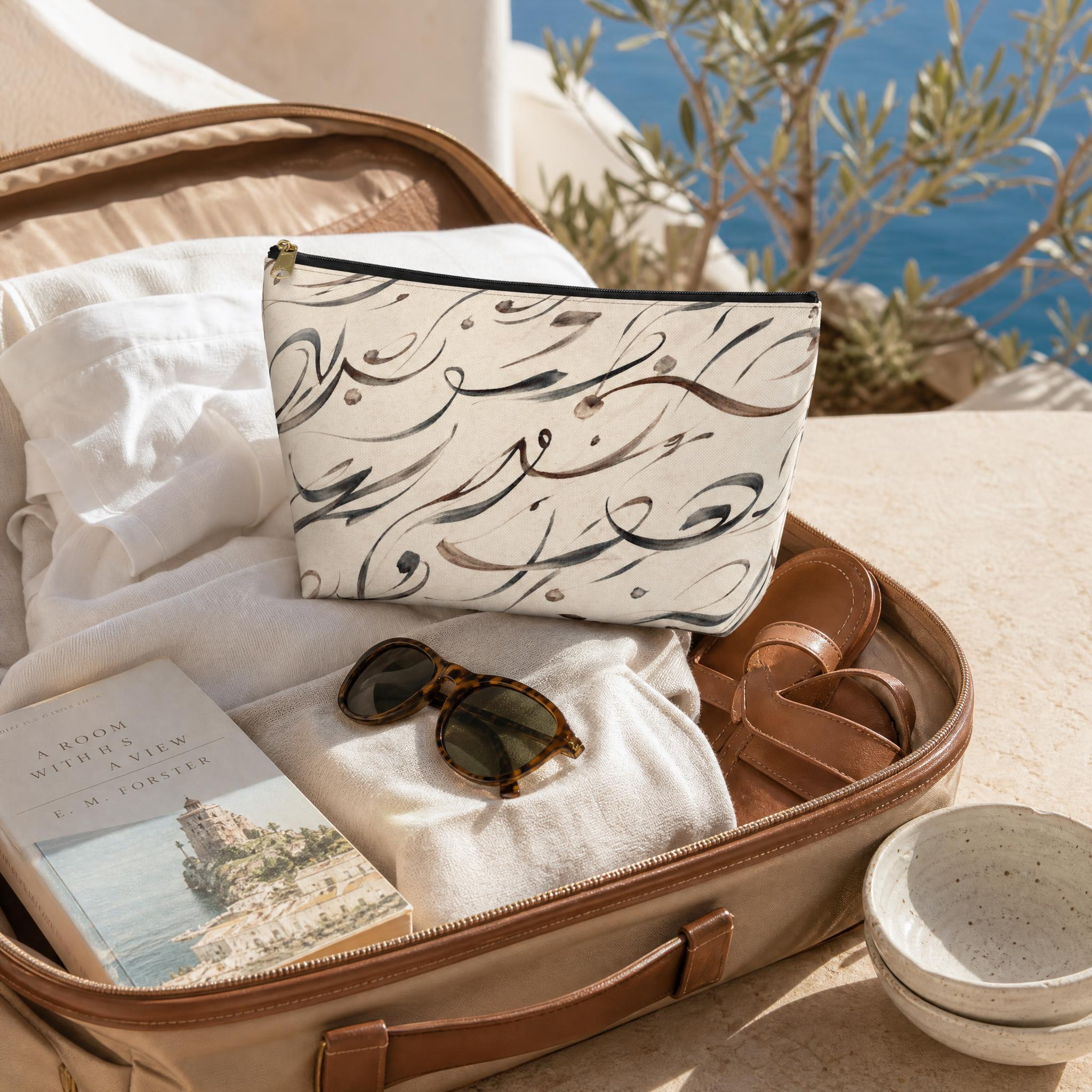 Modern Mediterranean Accessory Pouch | Neutral Cosmetic Travel Bag | Geometric Ink Brush Artist Bag