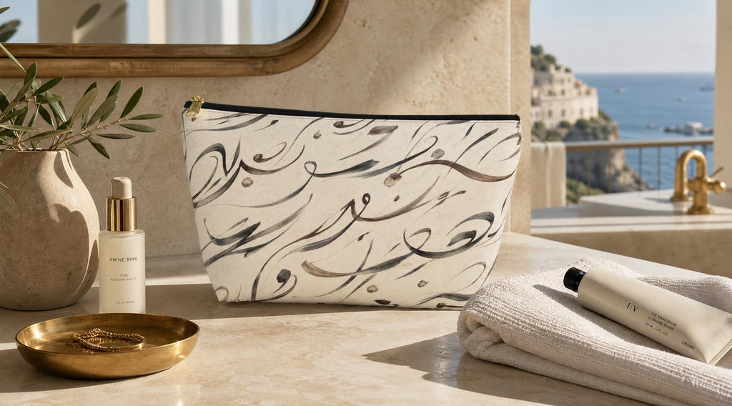 Modern Mediterranean Accessory Pouch | Neutral Cosmetic Travel Bag | Geometric Ink Brush Artist Bag