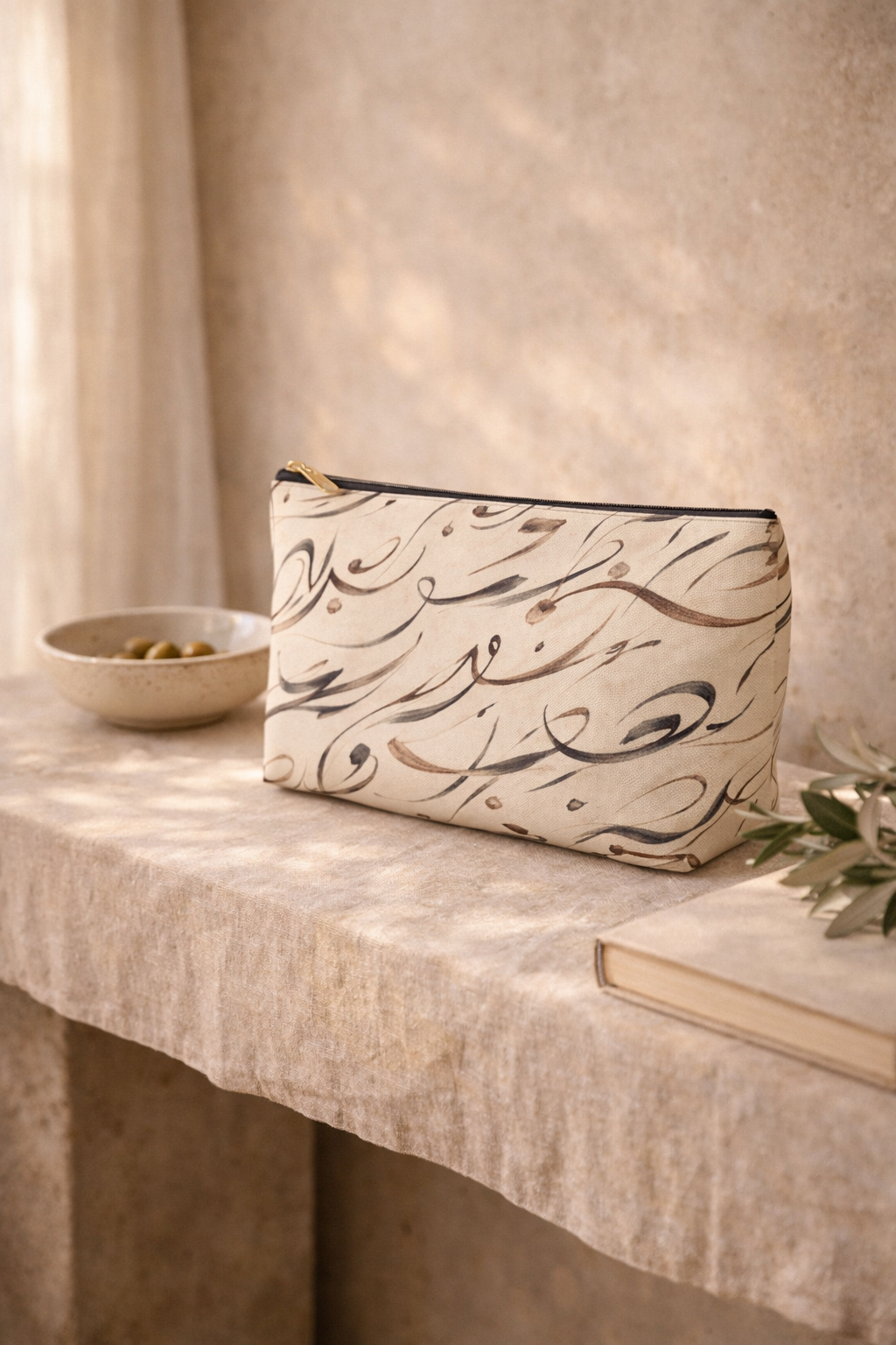 Modern Mediterranean Accessory Pouch | Neutral Cosmetic Travel Bag | Geometric Ink Brush Artist Bag