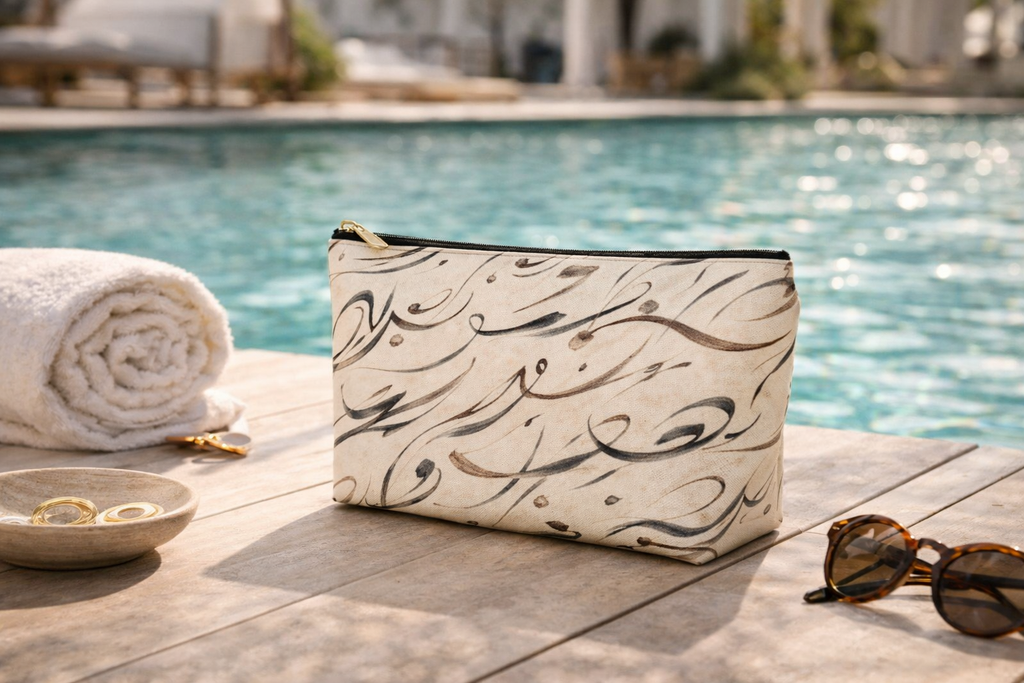 Modern Mediterranean Accessory Pouch | Neutral Cosmetic Travel Bag | Geometric Ink Brush Artist Bag