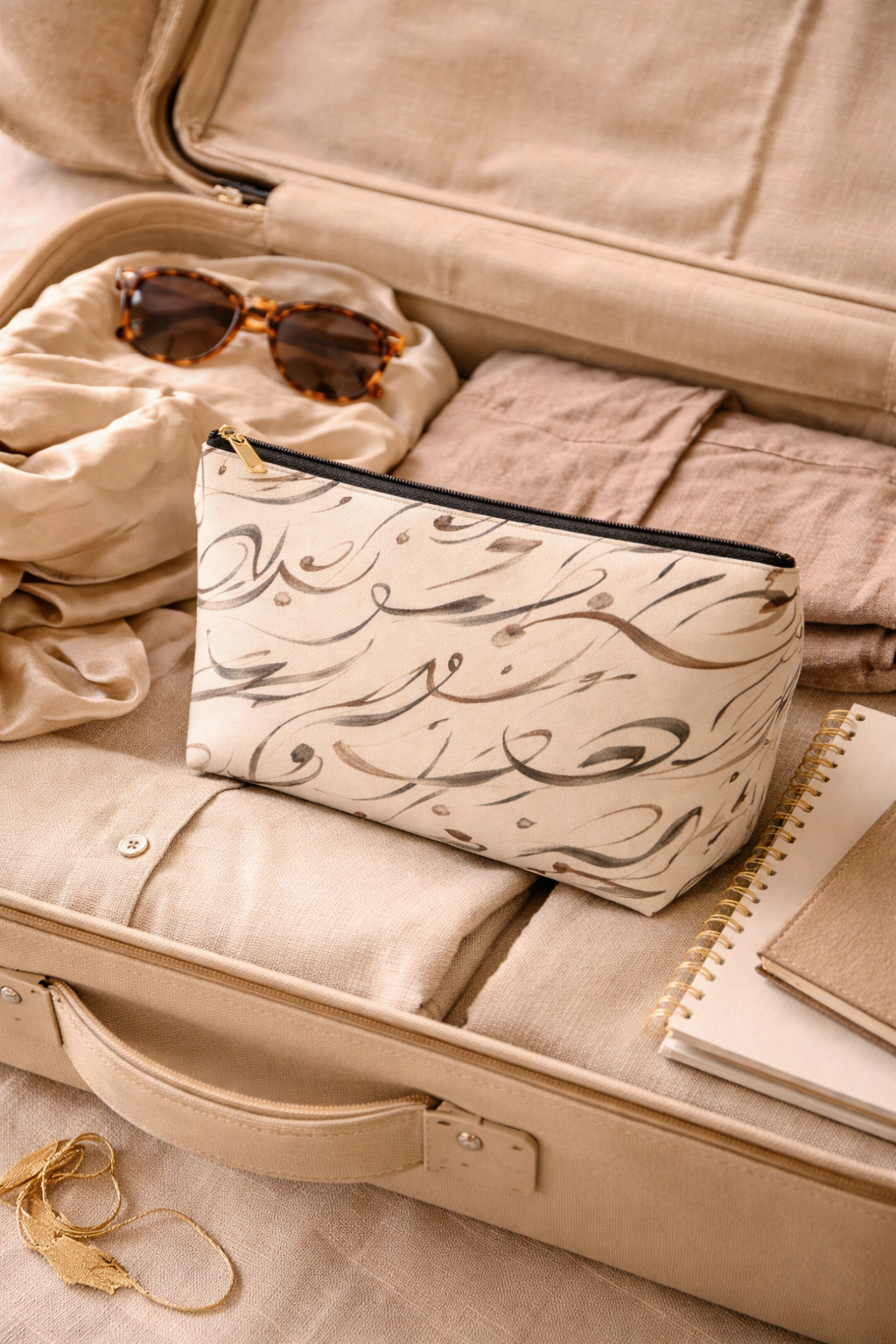 Modern Mediterranean Accessory Pouch | Neutral Cosmetic Travel Bag | Geometric Ink Brush Artist Bag