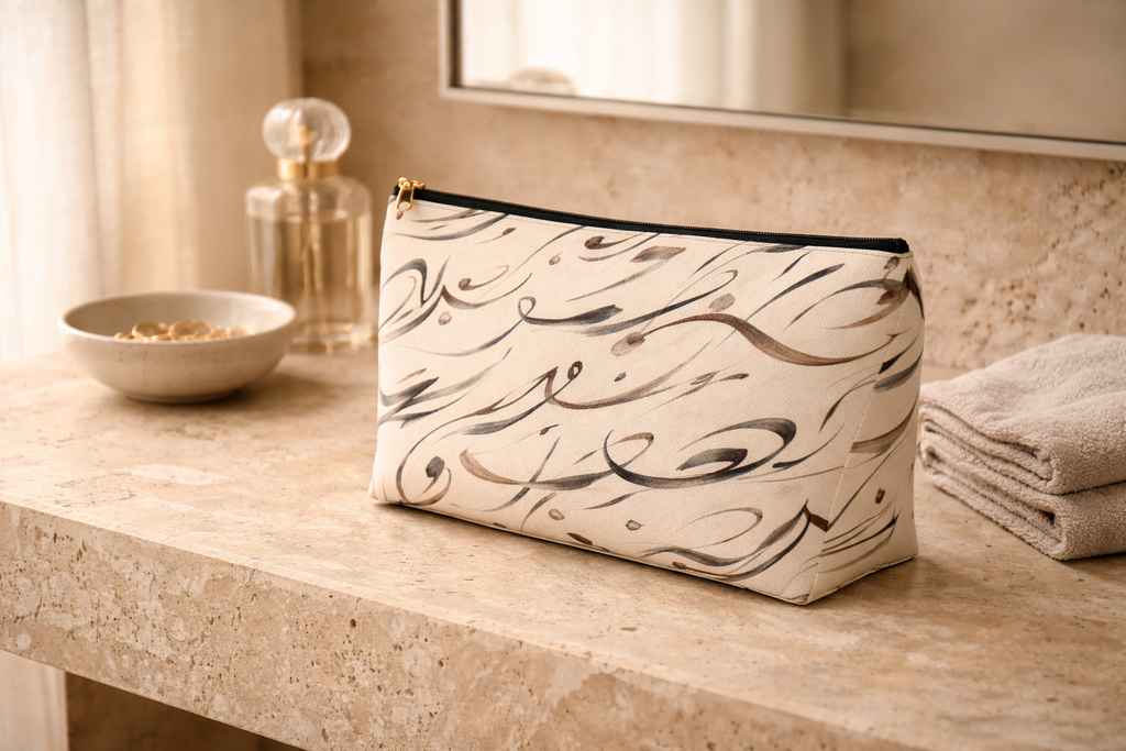 Modern Mediterranean Accessory Pouch | Neutral Cosmetic Travel Bag | Geometric Ink Brush Artist Bag