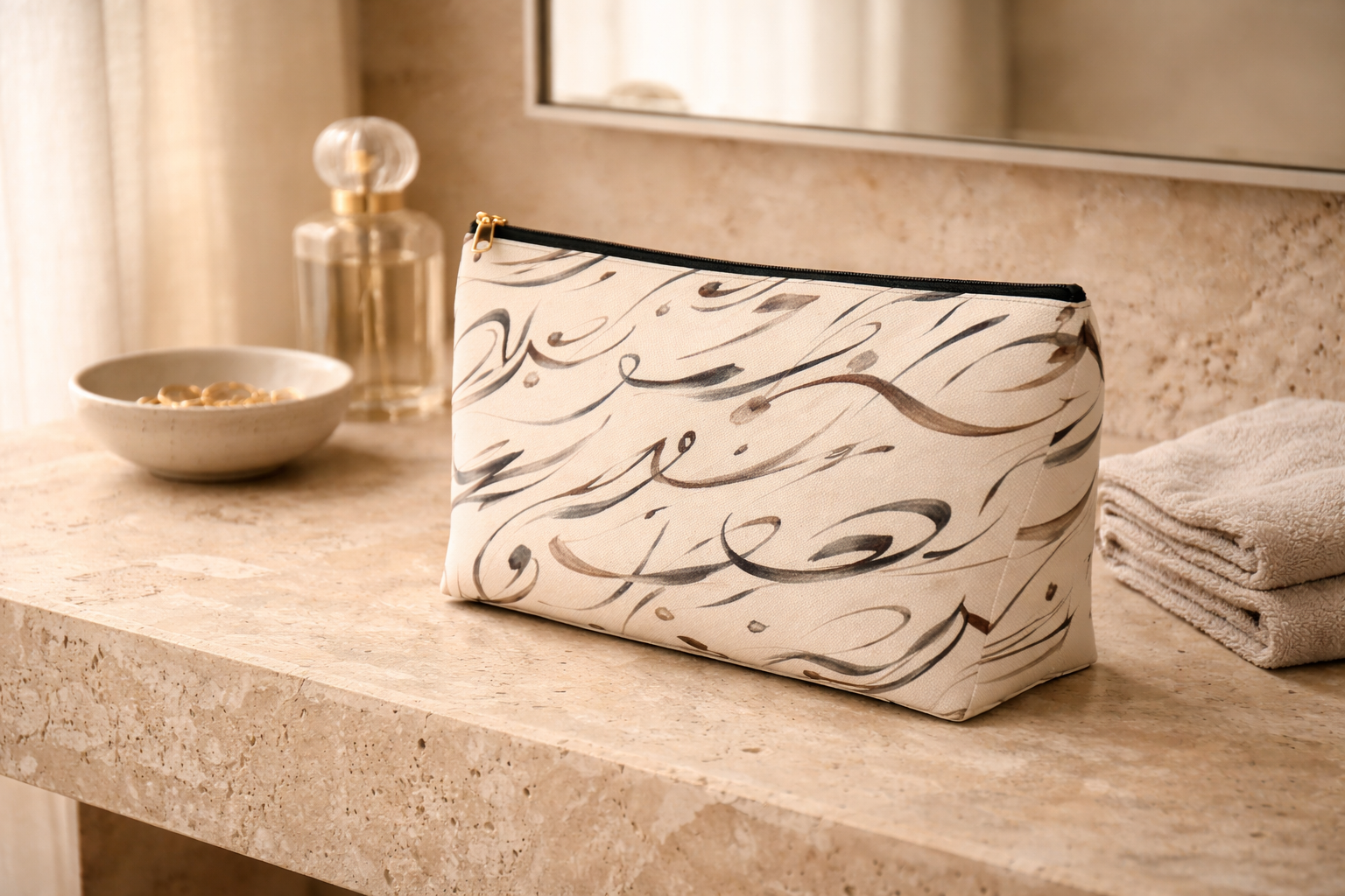 Modern Mediterranean Accessory Pouch | Neutral Cosmetic Travel Bag | Geometric Ink Brush Artist Bag