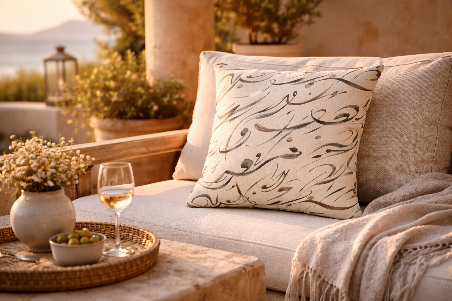 Mediterranean Calligraphy Throw Pillow
