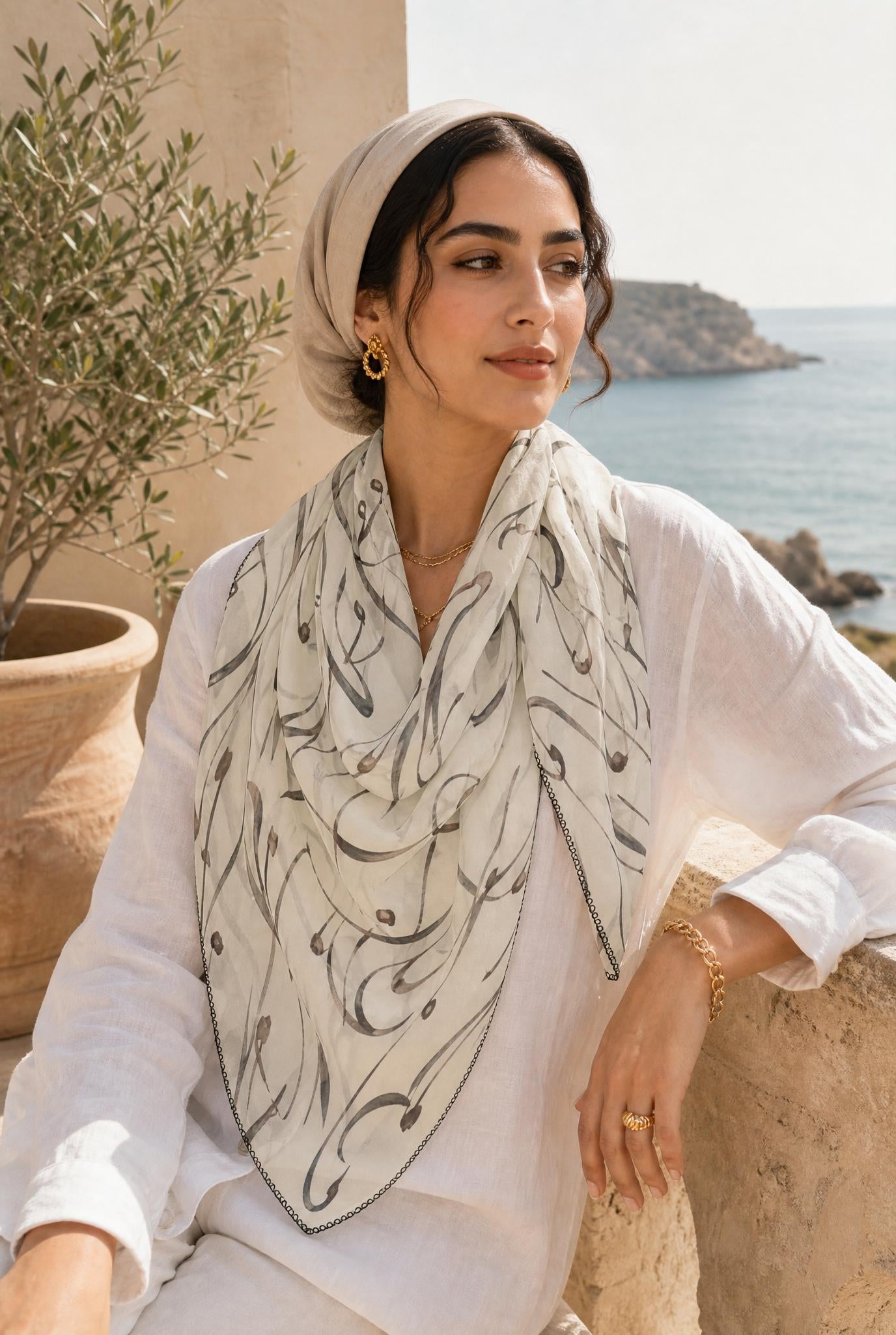 Mediterranean Calligraphy Lightweight Travel Scarf
