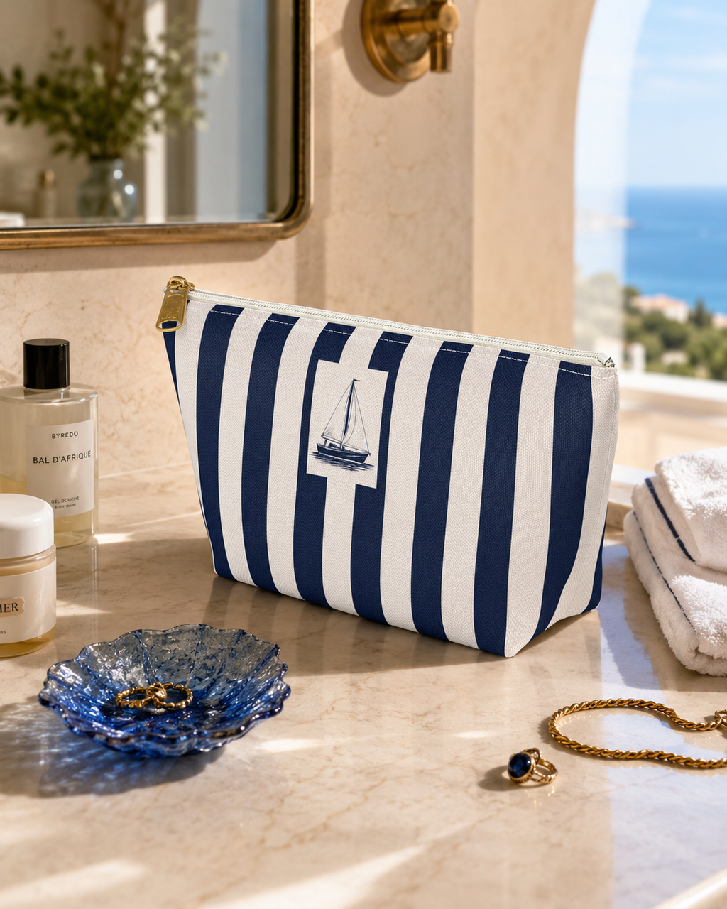 Capri Sailboat Stripe Accessory Pouch, Nautical Italian Travel Gift, Euro Summer Vacation Bag