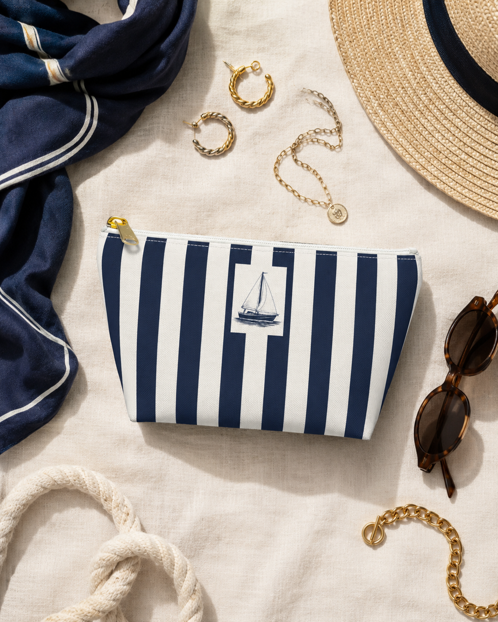 Capri Sailboat Stripe Accessory Pouch, Nautical Italian Travel Gift, Euro Summer Vacation Bag