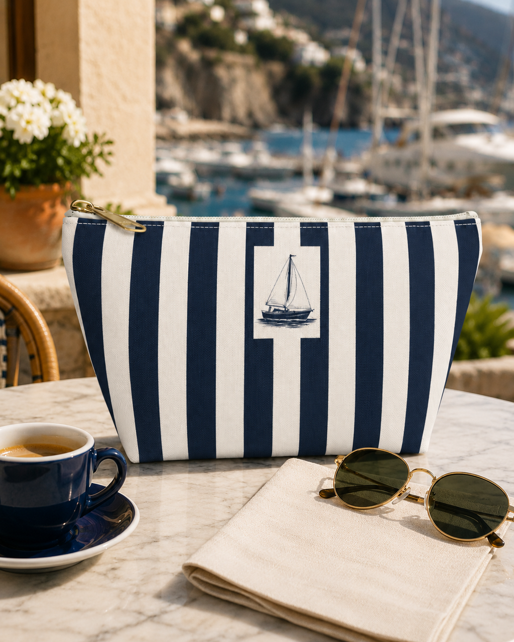 Capri Sailboat Stripe Accessory Pouch, Nautical Italian Travel Gift, Euro Summer Vacation Bag