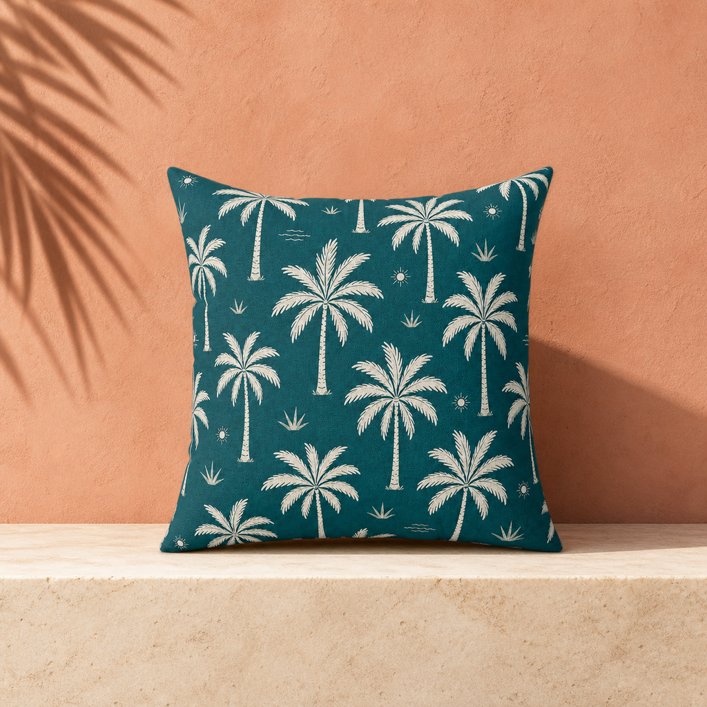 Teal French Riviera Palm Throw Pillow