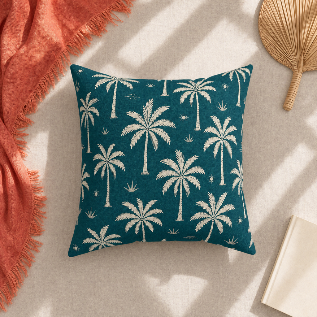 Teal French Riviera Palm Throw Pillow