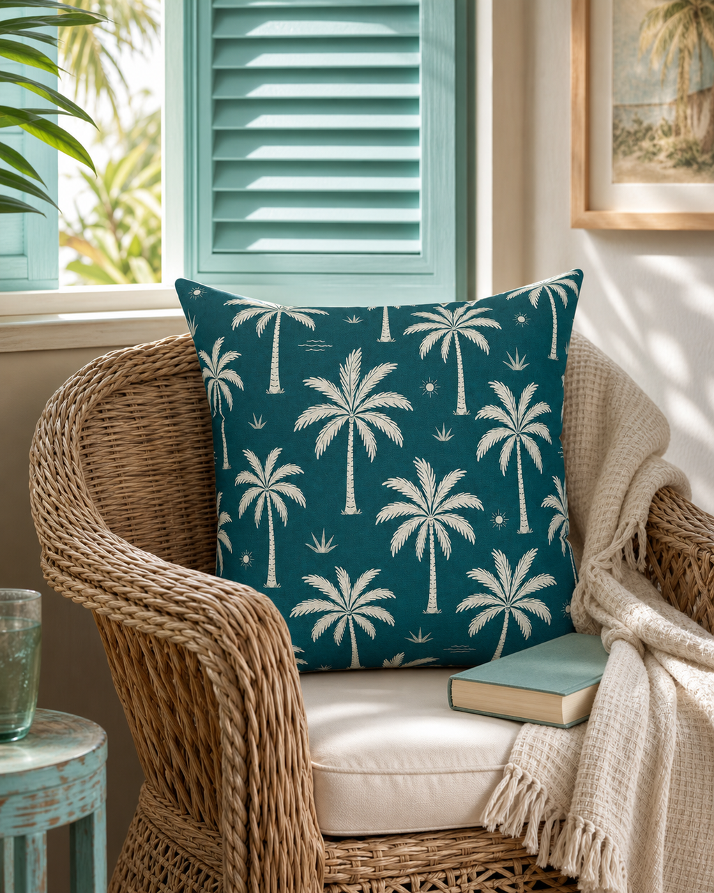 Teal French Riviera Palm Throw Pillow