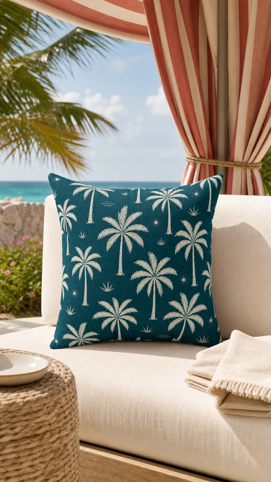 Teal French Riviera Palm Throw Pillow