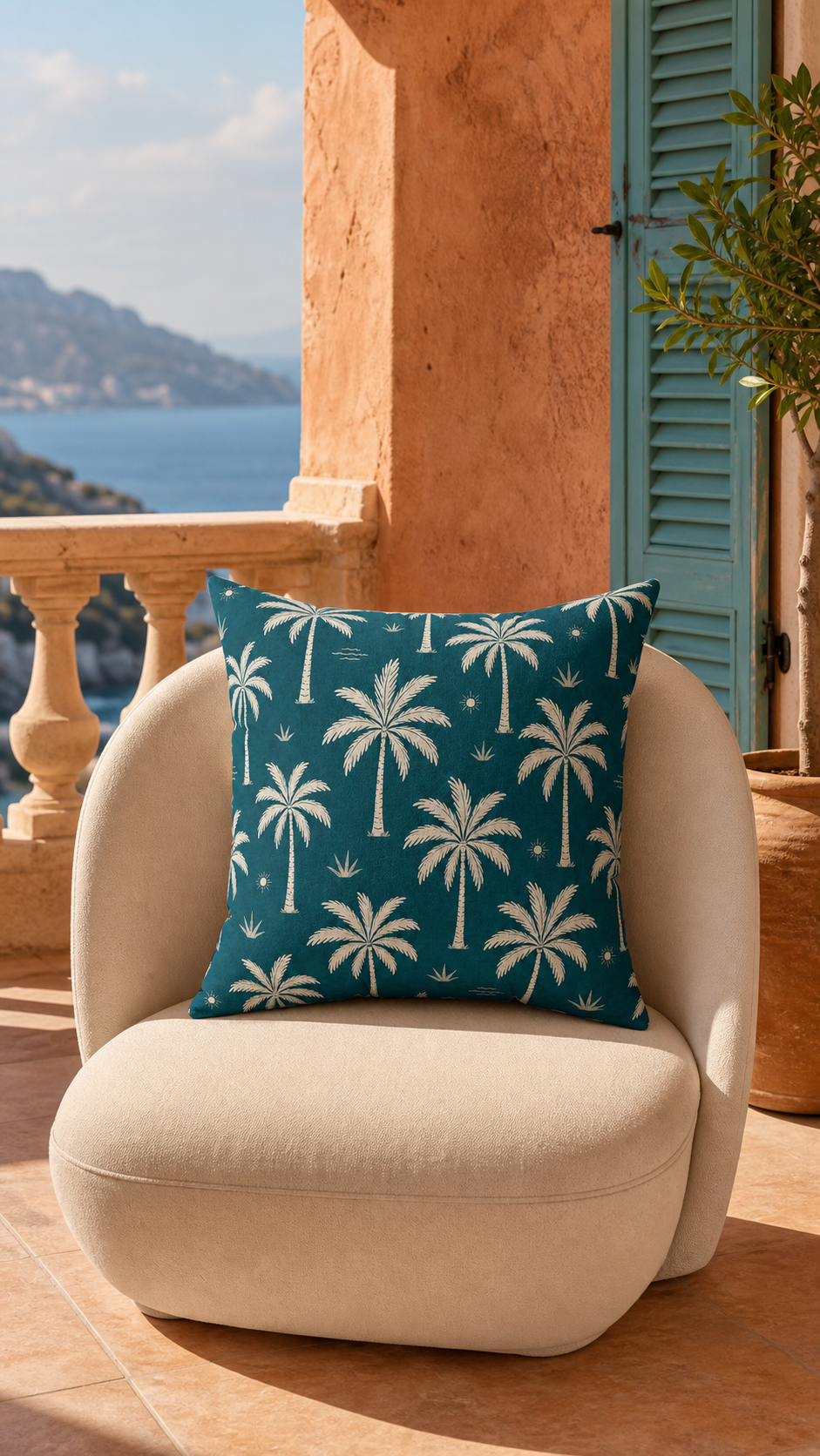 Teal French Riviera Palm Throw Pillow
