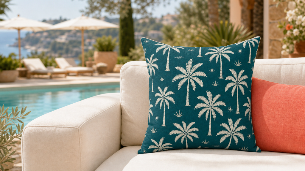 Teal French Riviera Palm Throw Pillow
