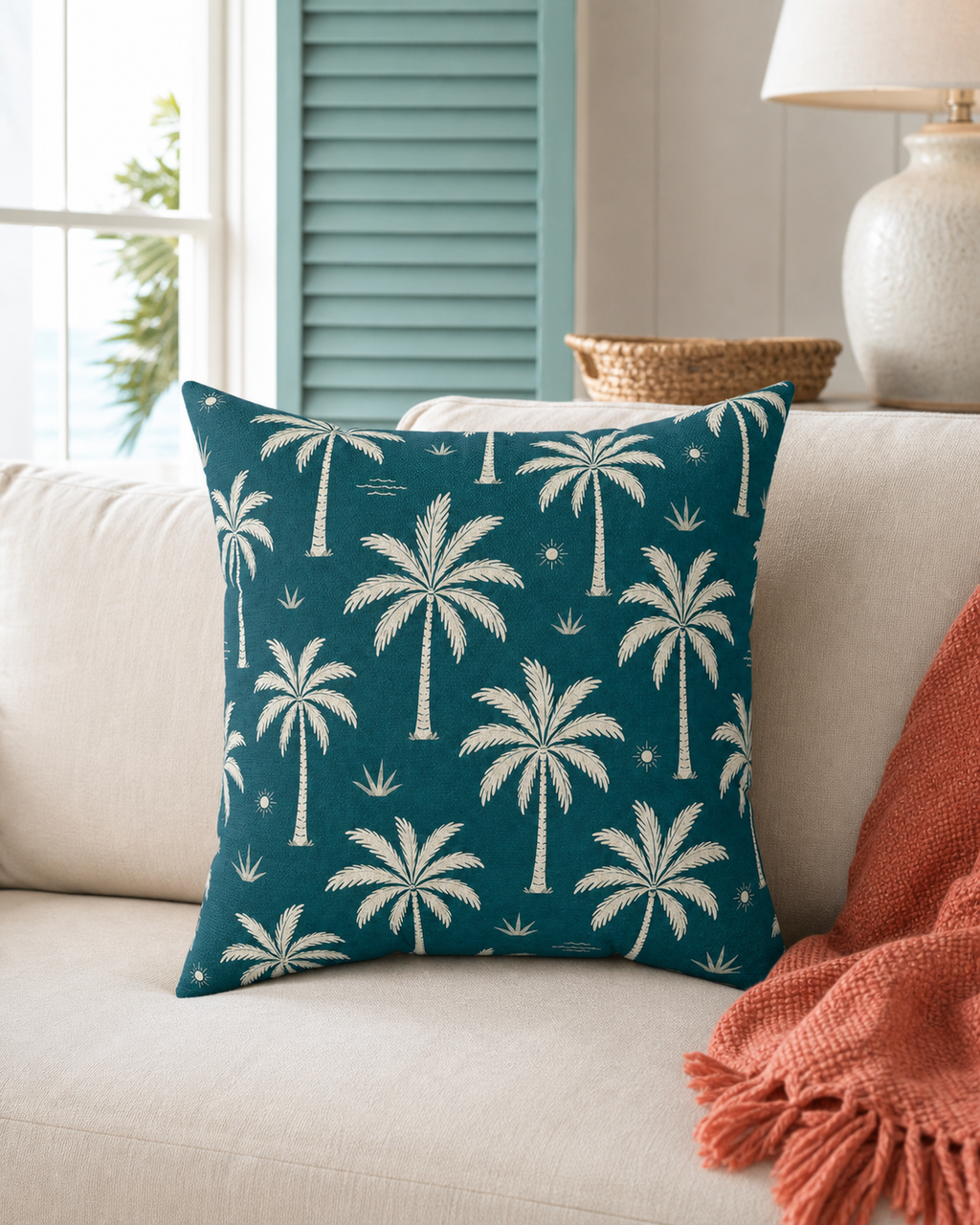 Teal French Riviera Palm Throw Pillow