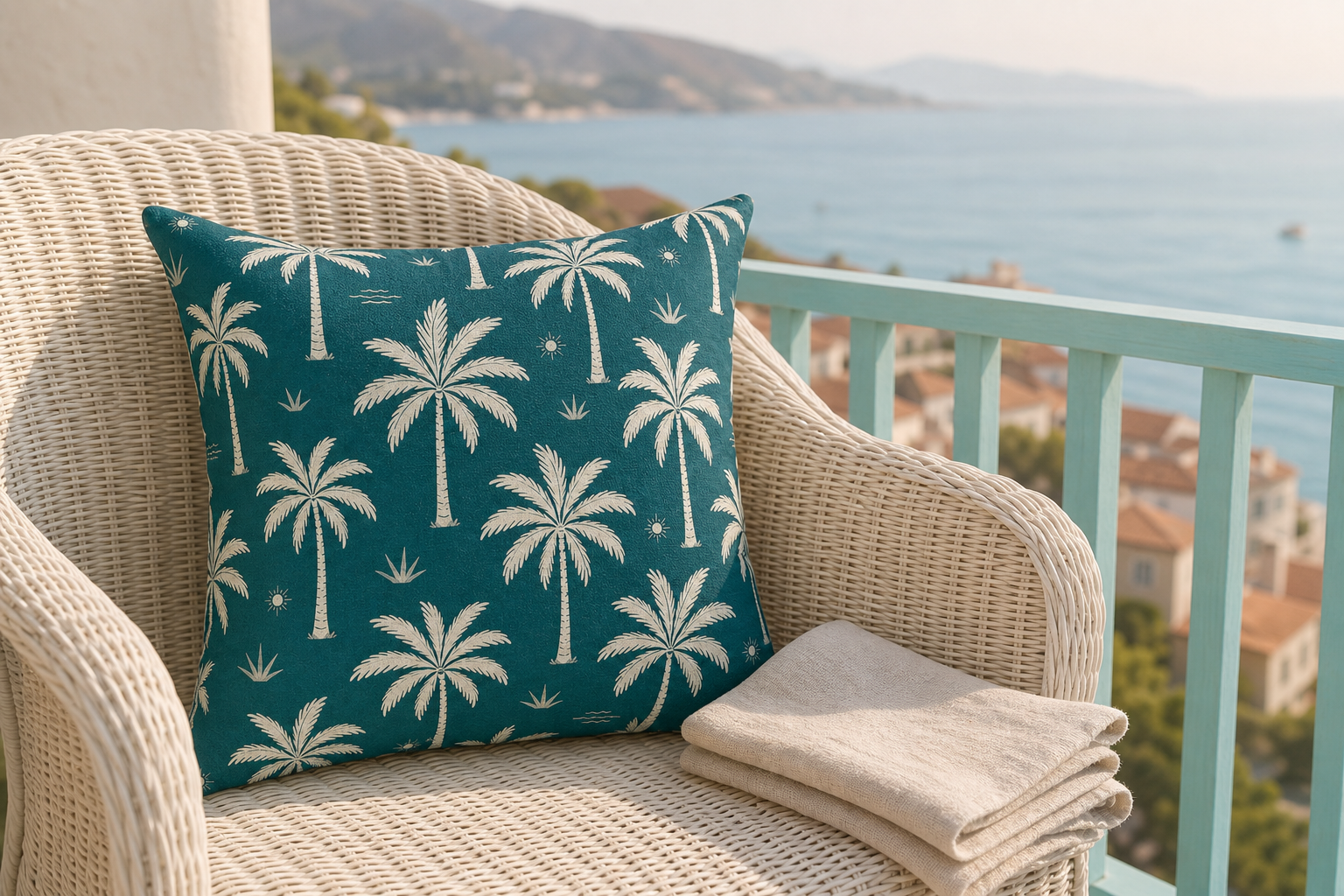 Teal French Riviera Palm Throw Pillow
