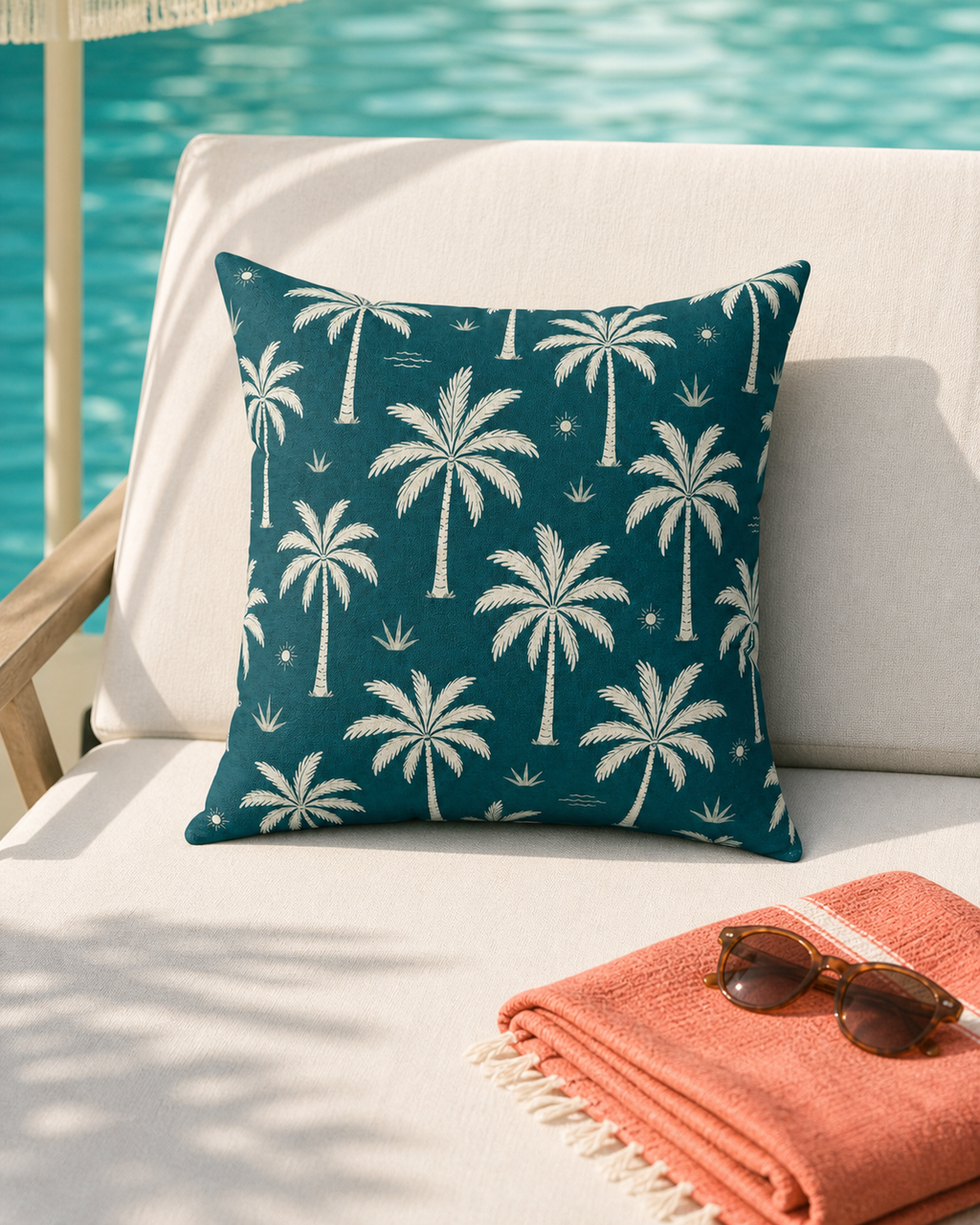 Teal French Riviera Palm Throw Pillow