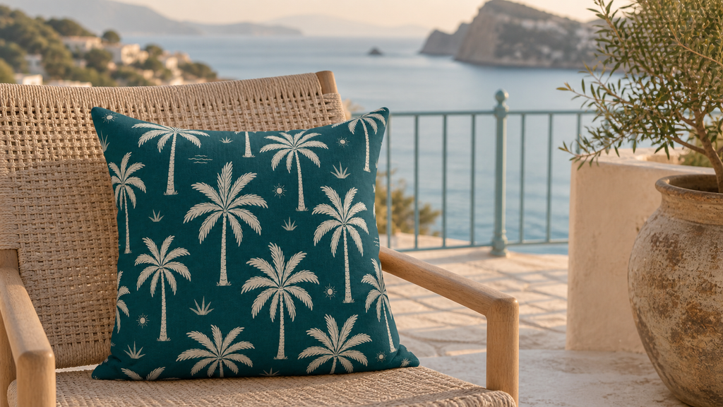 Teal French Riviera Palm Throw Pillow