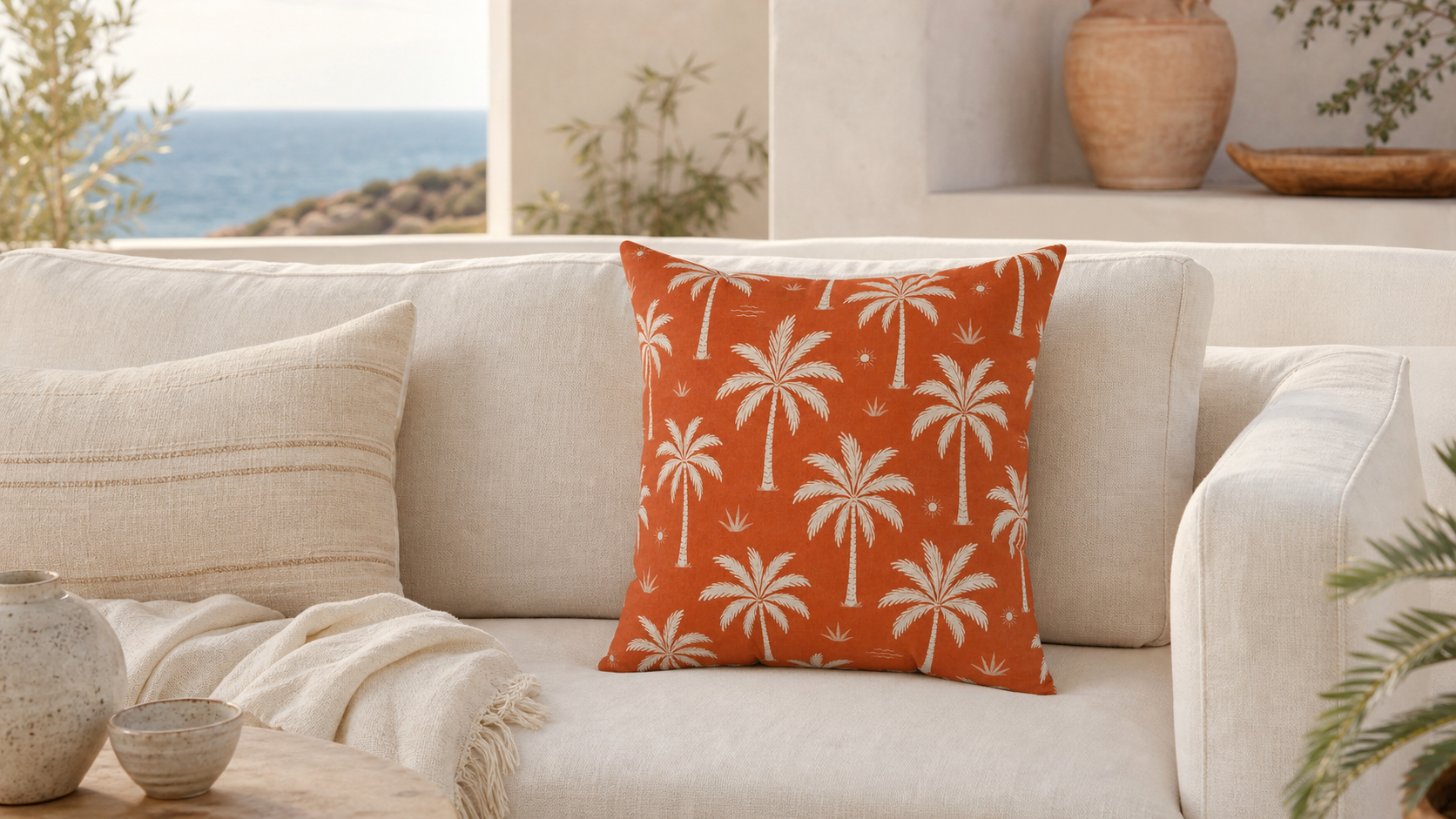 Riviera Terracotta Palm Tree Pattern Pillow