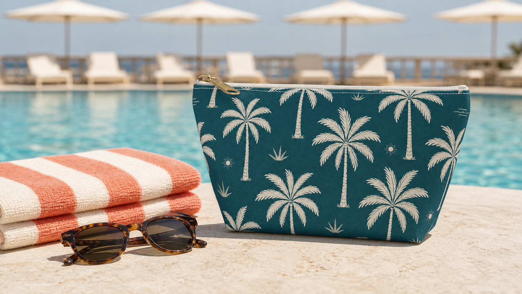 Teal Palm Cosmetic Travel Pouch - French Riviera